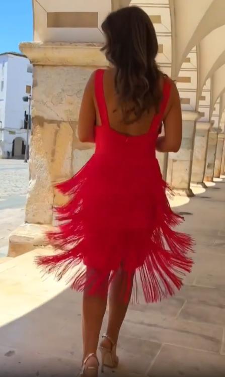 Tiered Fringe Deep V Midi Dress