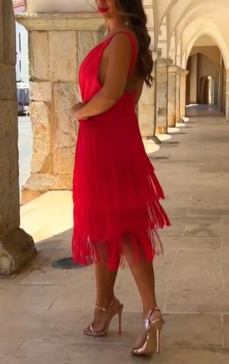 Tiered Fringe Deep V Midi Dress