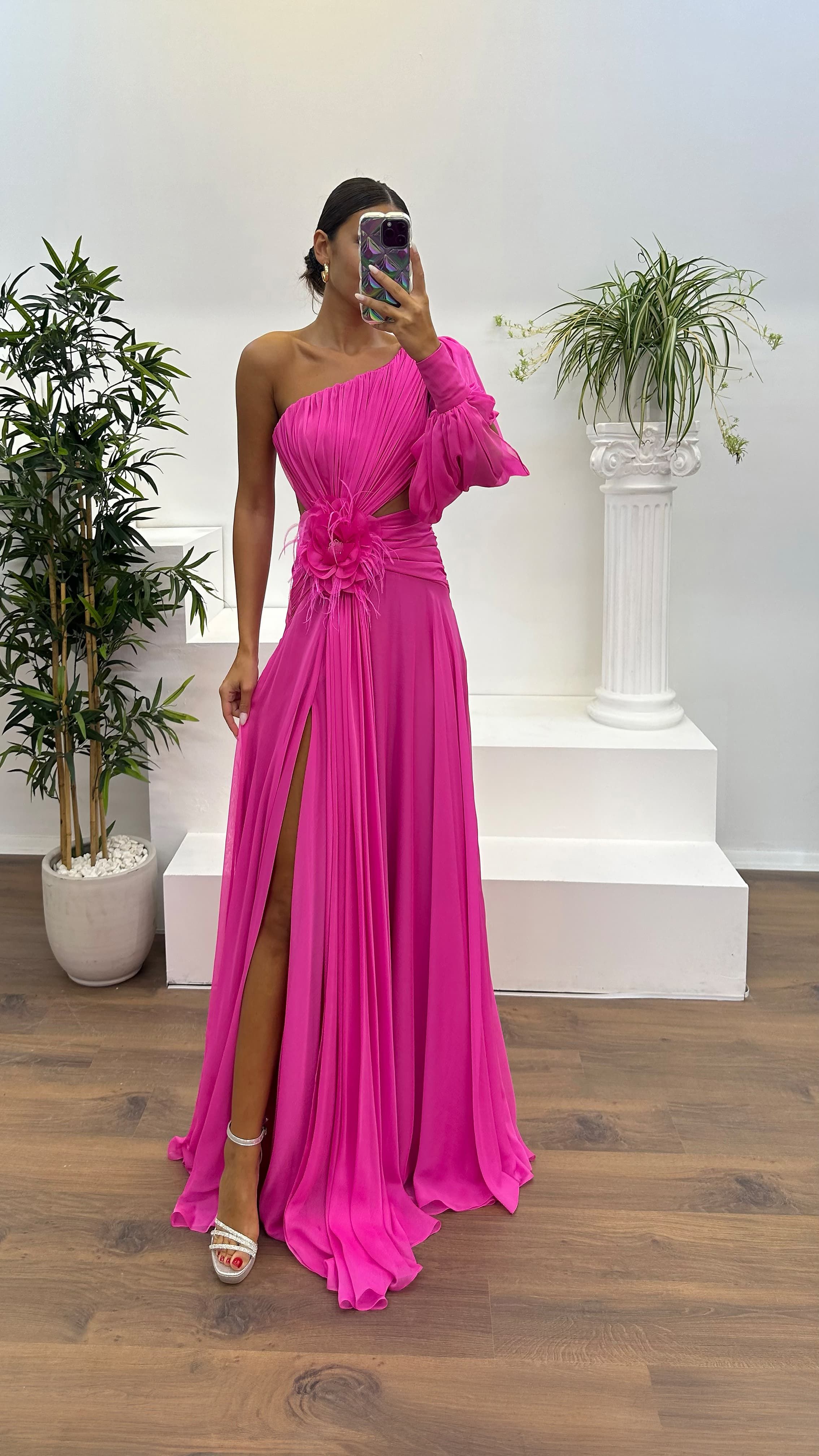 Single Sleeve Waist Sheer Flower Detail Evening Dress