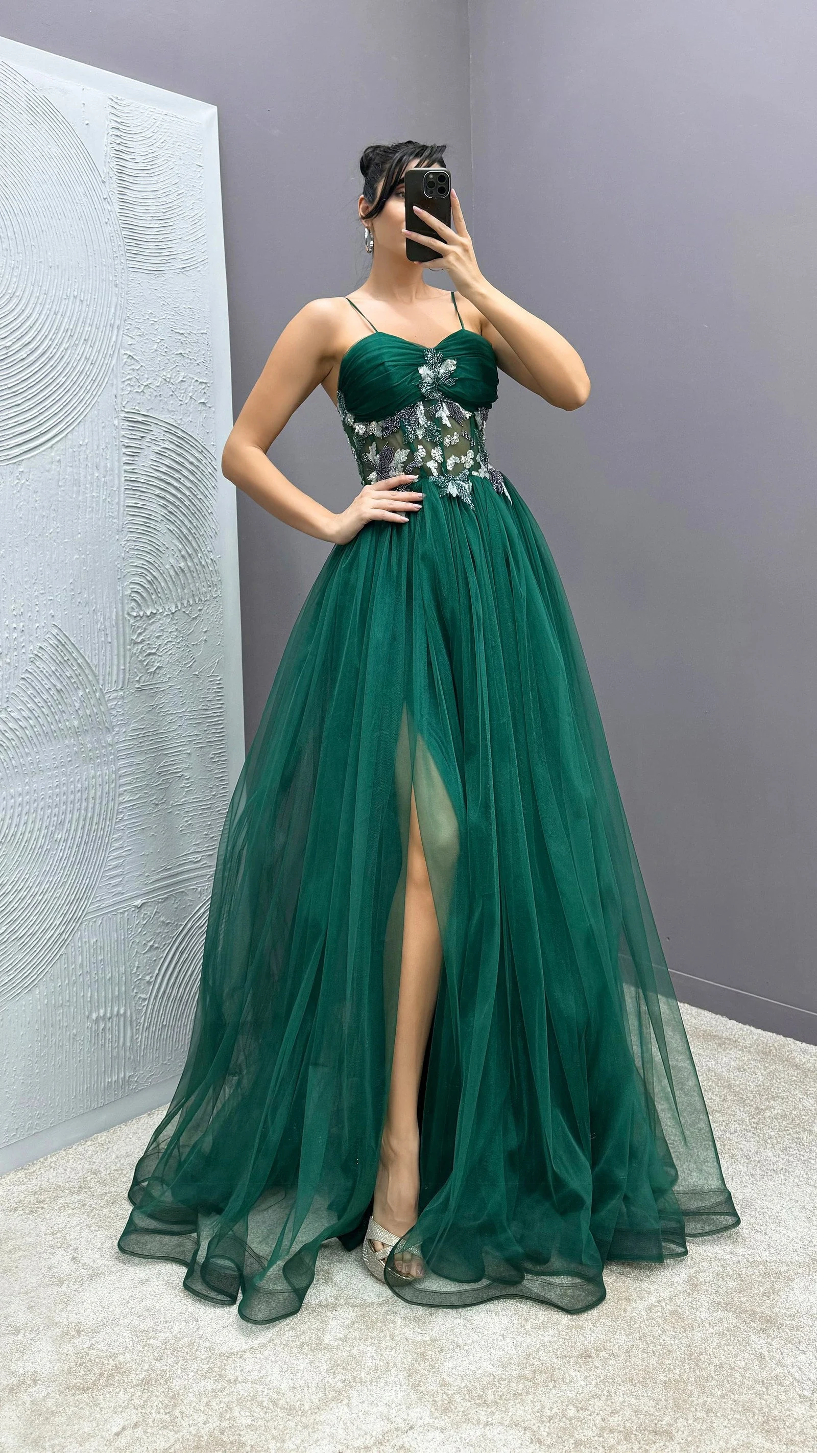 Rope Strap Waist Detail Transparent Tulle Evening Dress