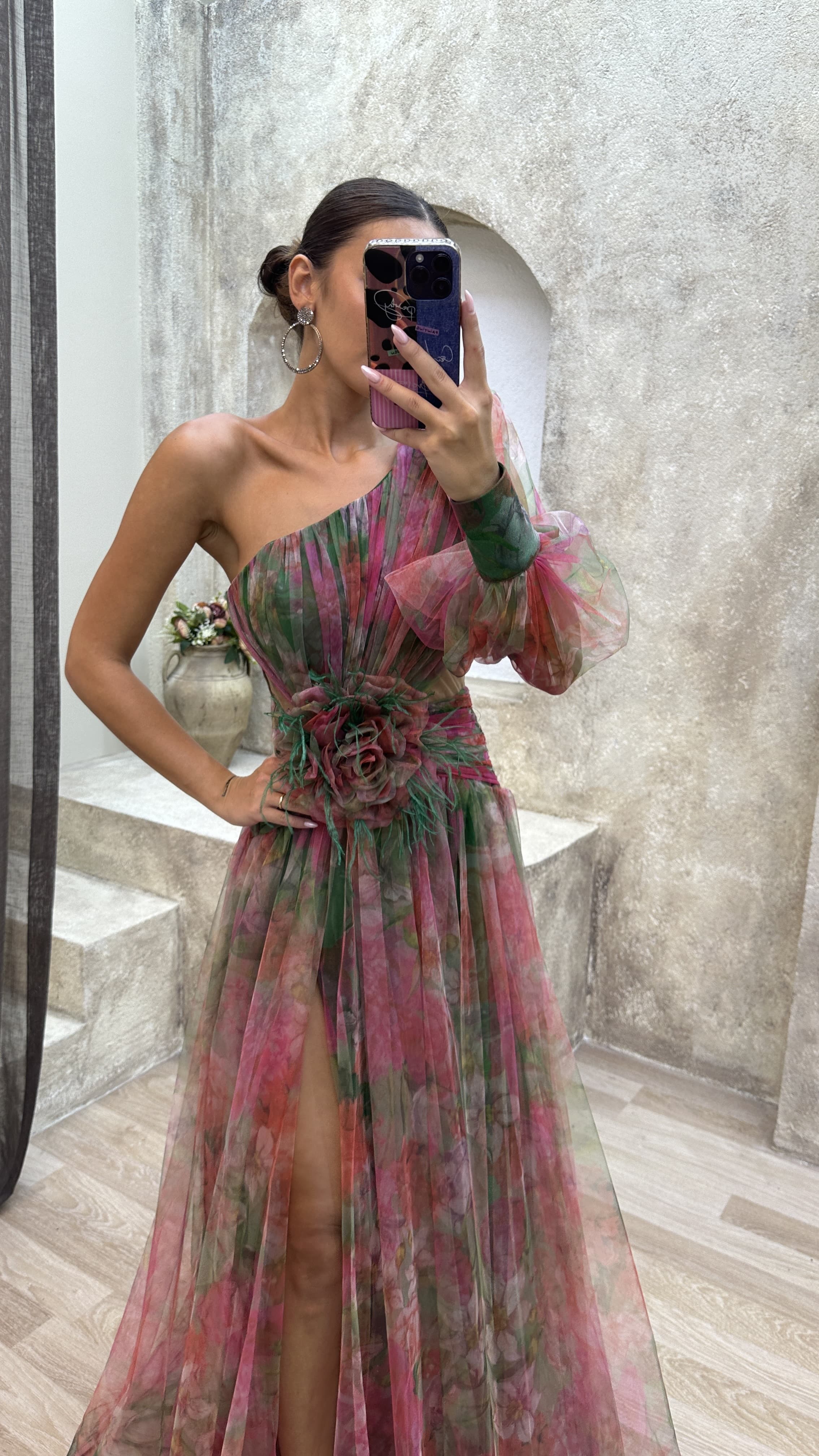 Floral one-shoulder flowy long-sleeved dress
