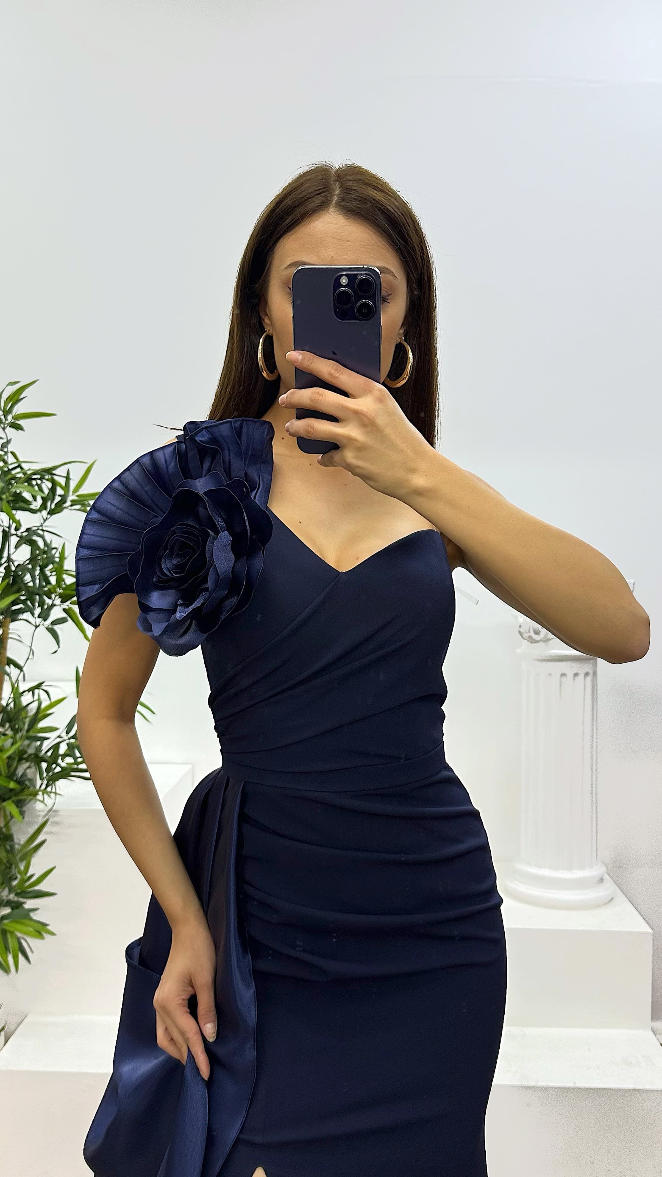 One Shoulder Flower Detail Evening Dress