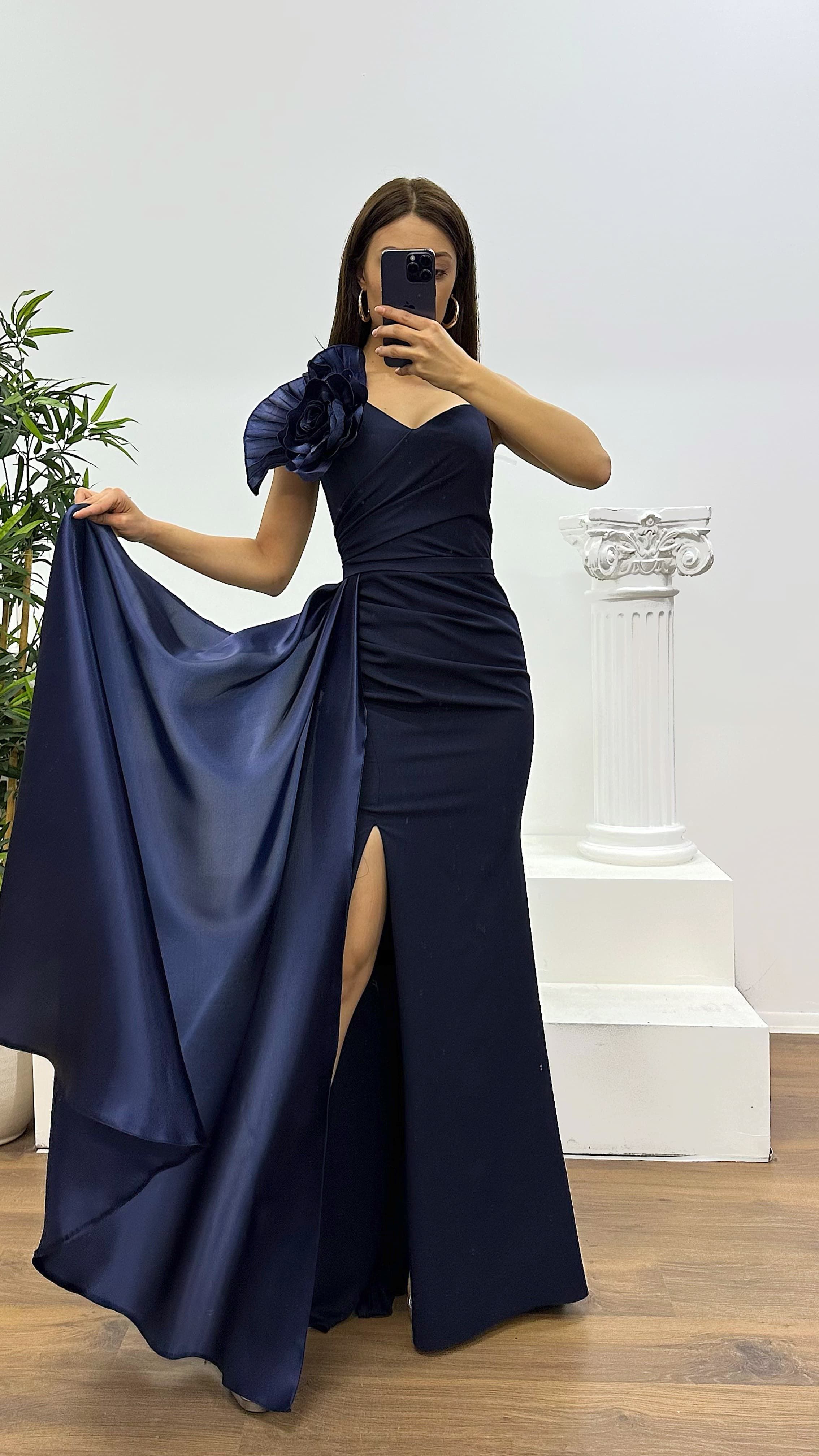 One Shoulder Flower Detail Evening Dress