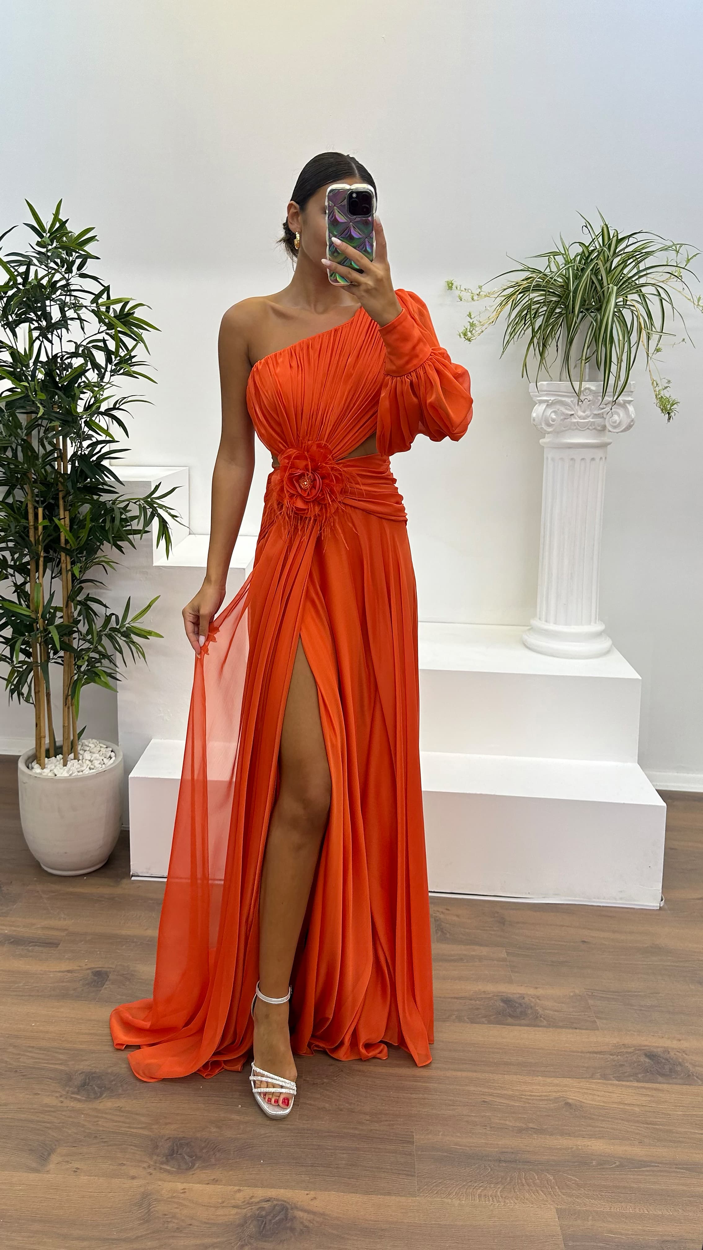 Single Sleeve Waist Sheer Flower Detail Evening Dress