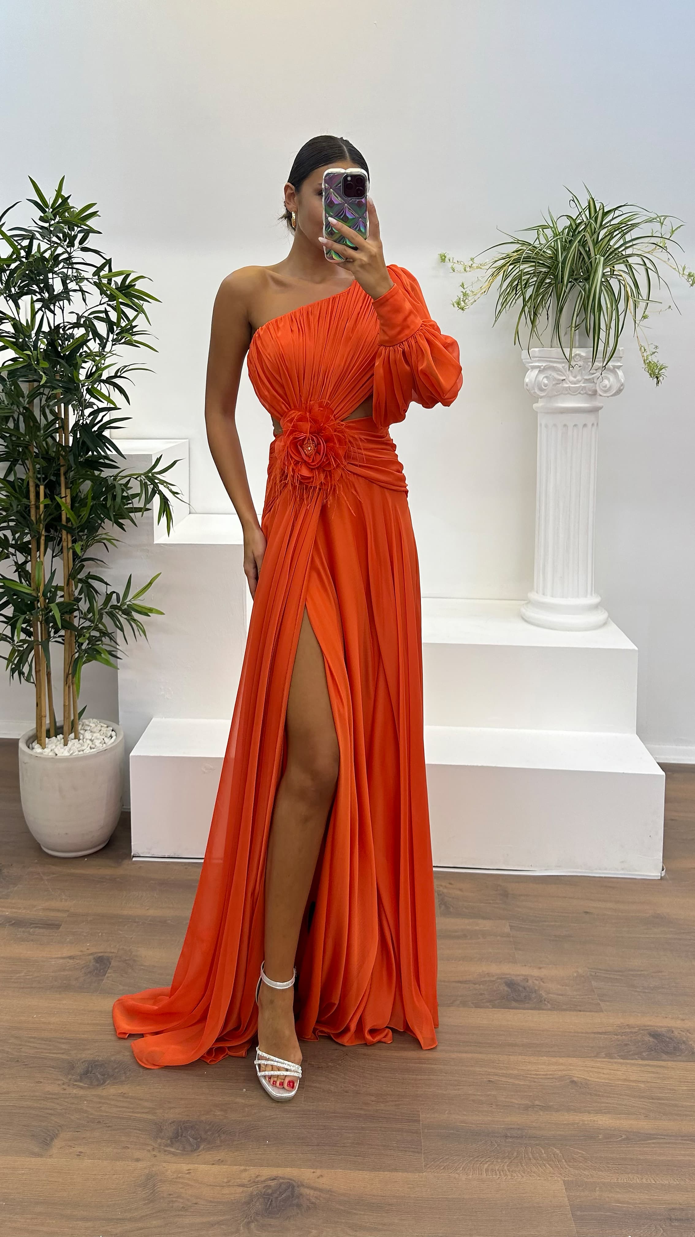 Single Sleeve Waist Sheer Flower Detail Evening Dress