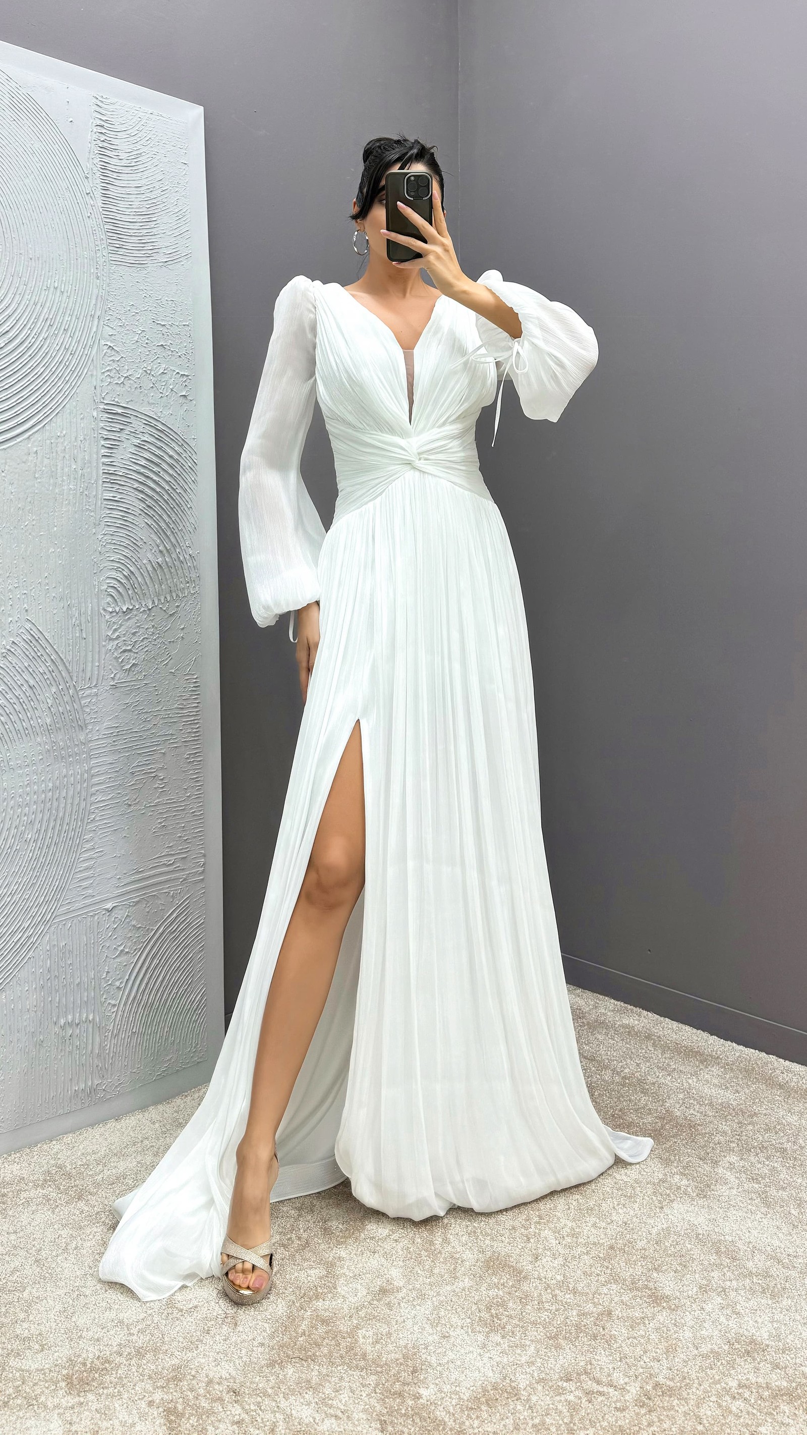 BEIGE BALLOON SLEEVE DRAPED DESIGN DRESS