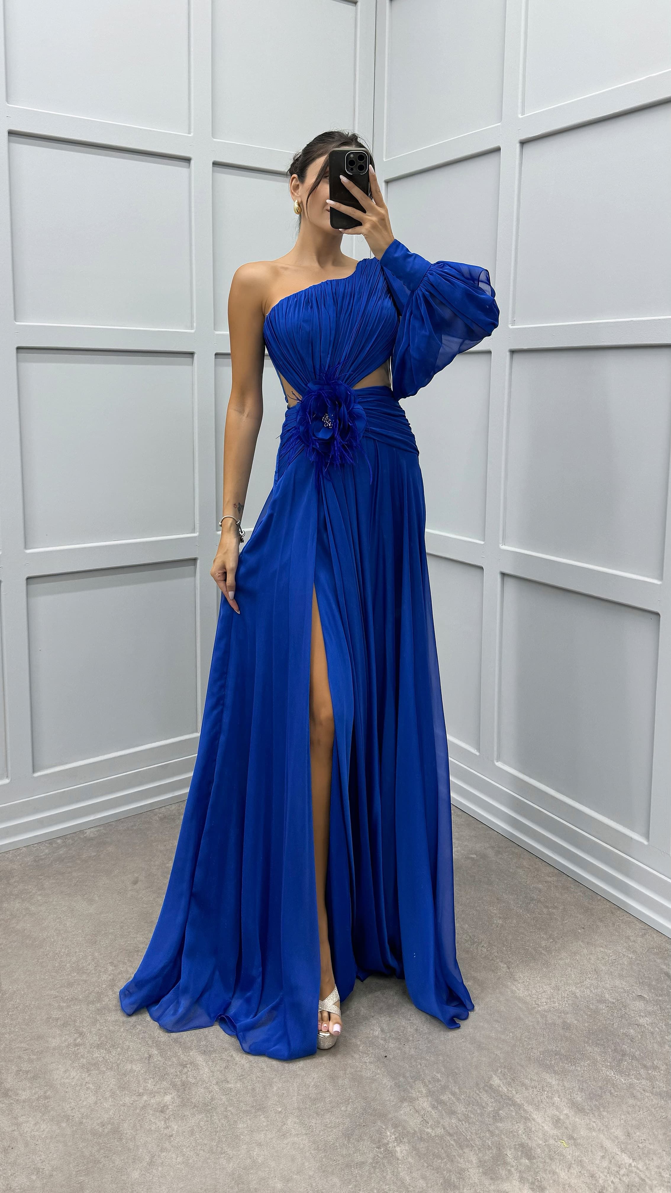 Single Sleeve Waist Sheer Flower Detail Evening Dress