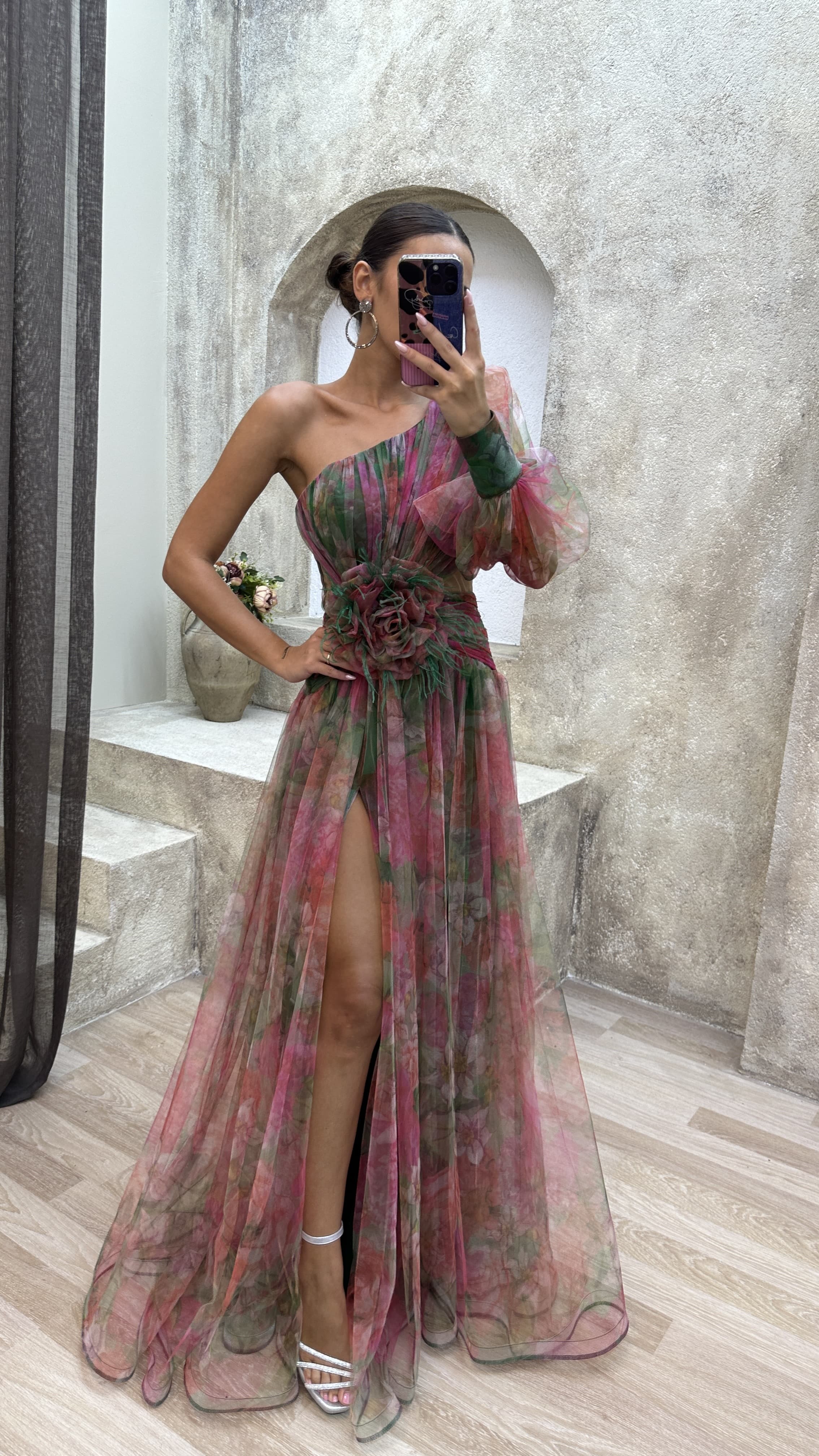 Floral one-shoulder flowy long-sleeved dress