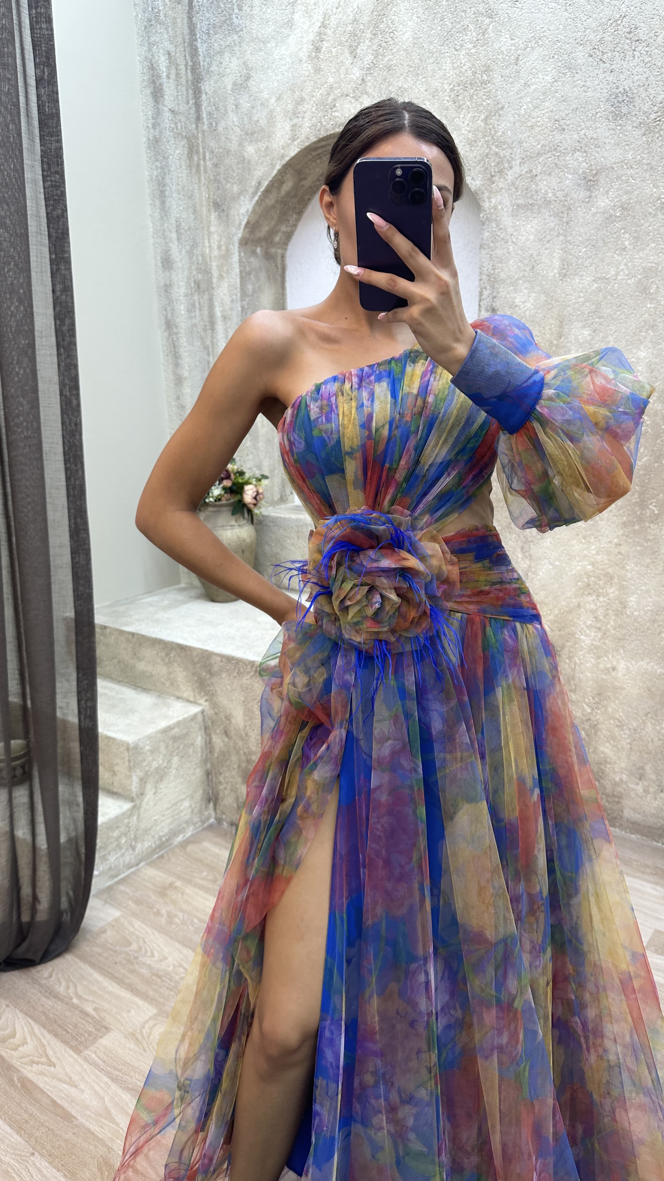 Floral one-shoulder flowy long-sleeved dress