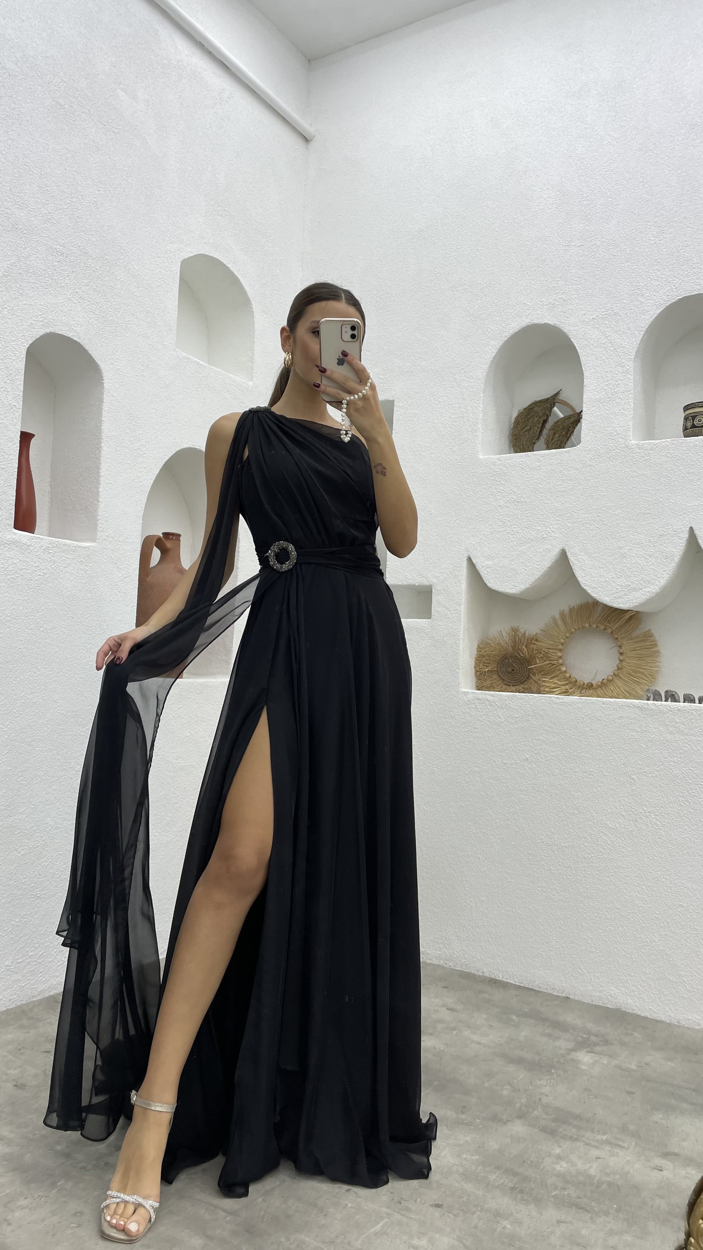 ONE SHOULDER BELT DETAIL DESIGN CHIFFON DRESS