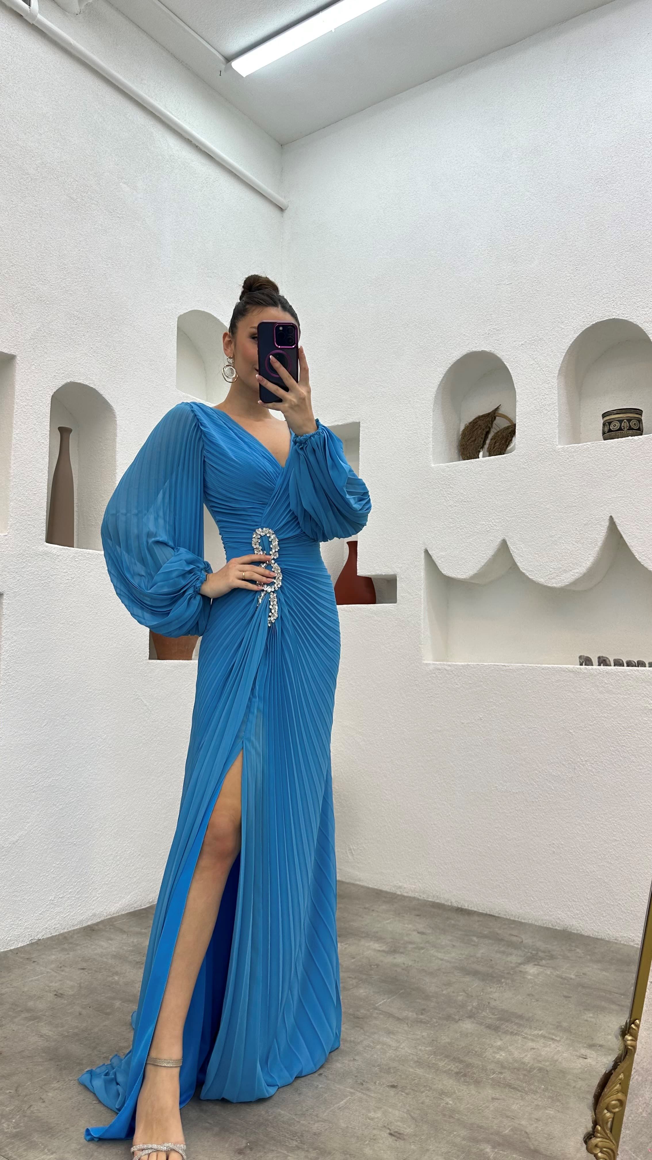 Waist Embroidered Pleated Evening Dress