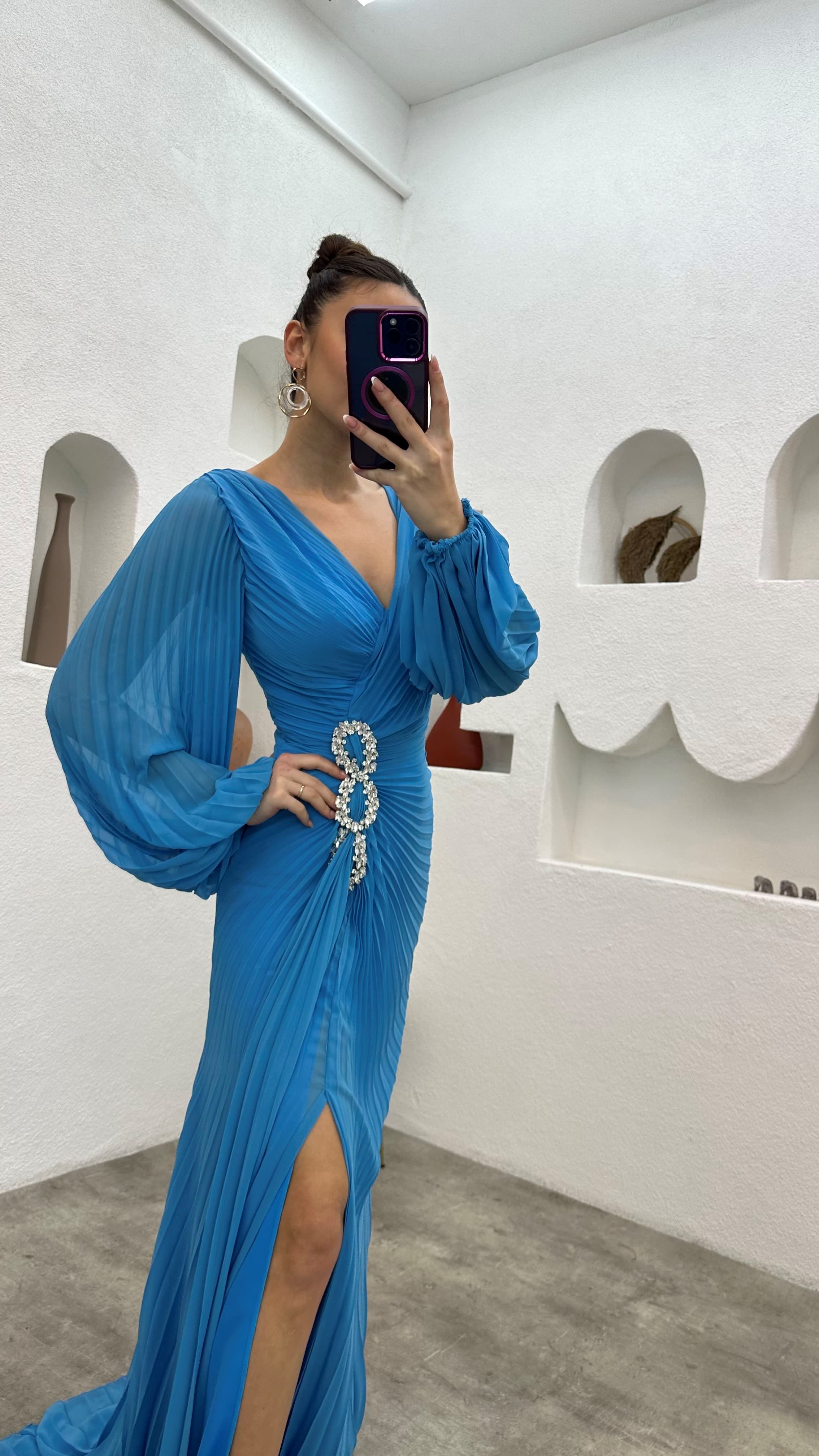 Waist Embroidered Pleated Evening Dress