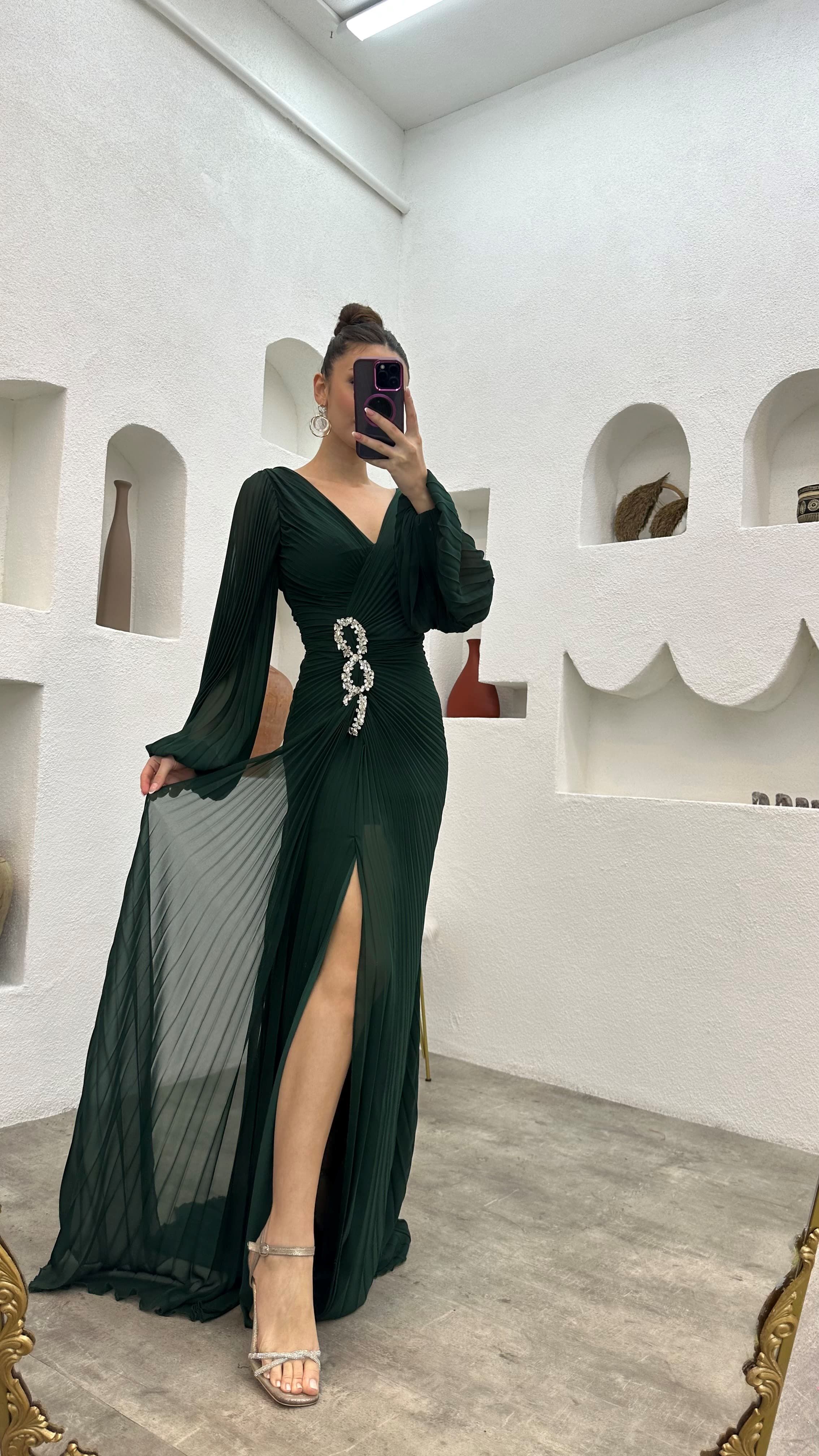Waist Embroidered Pleated Evening Dress