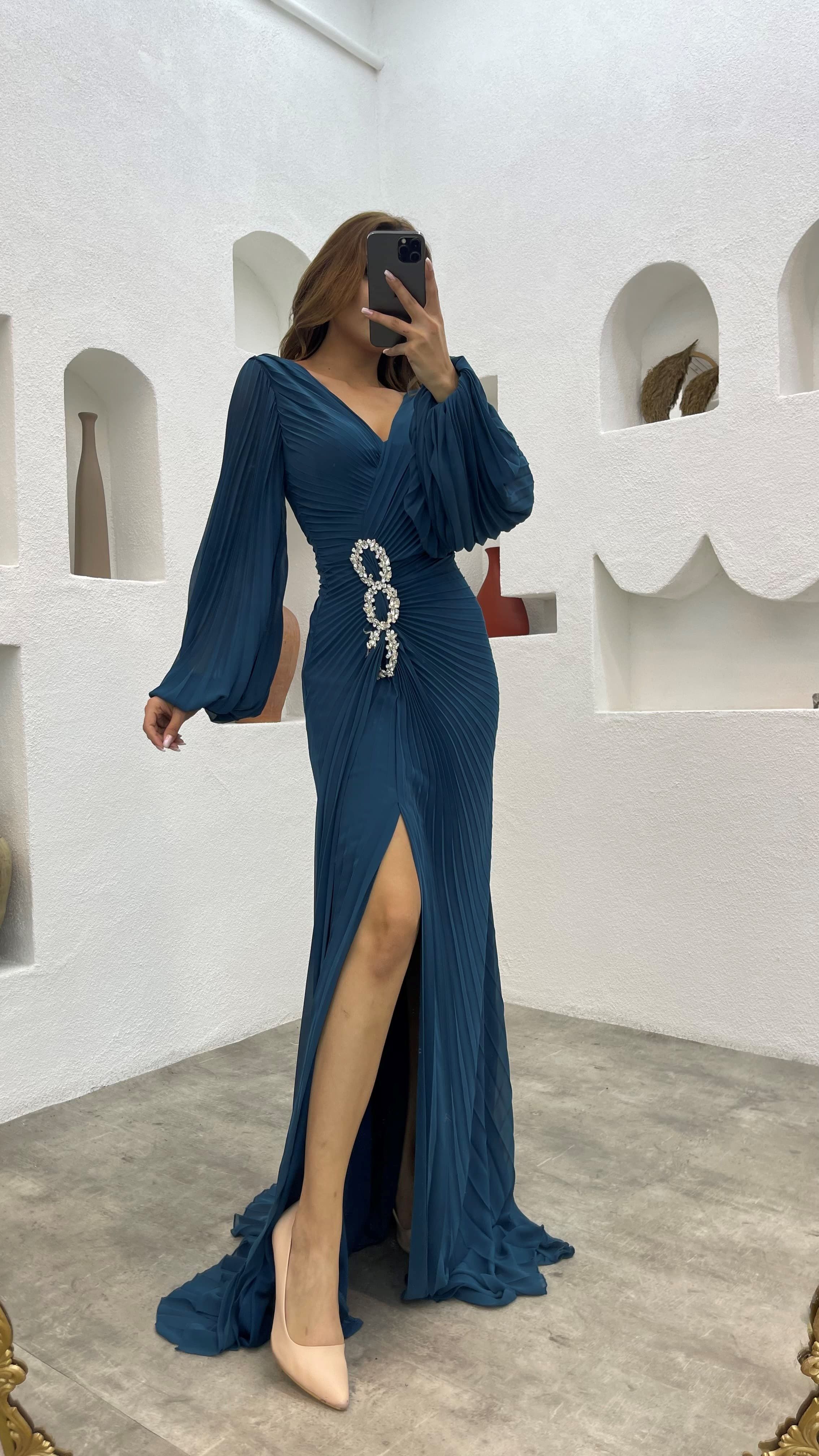 Waist Embroidered Pleated Evening Dress