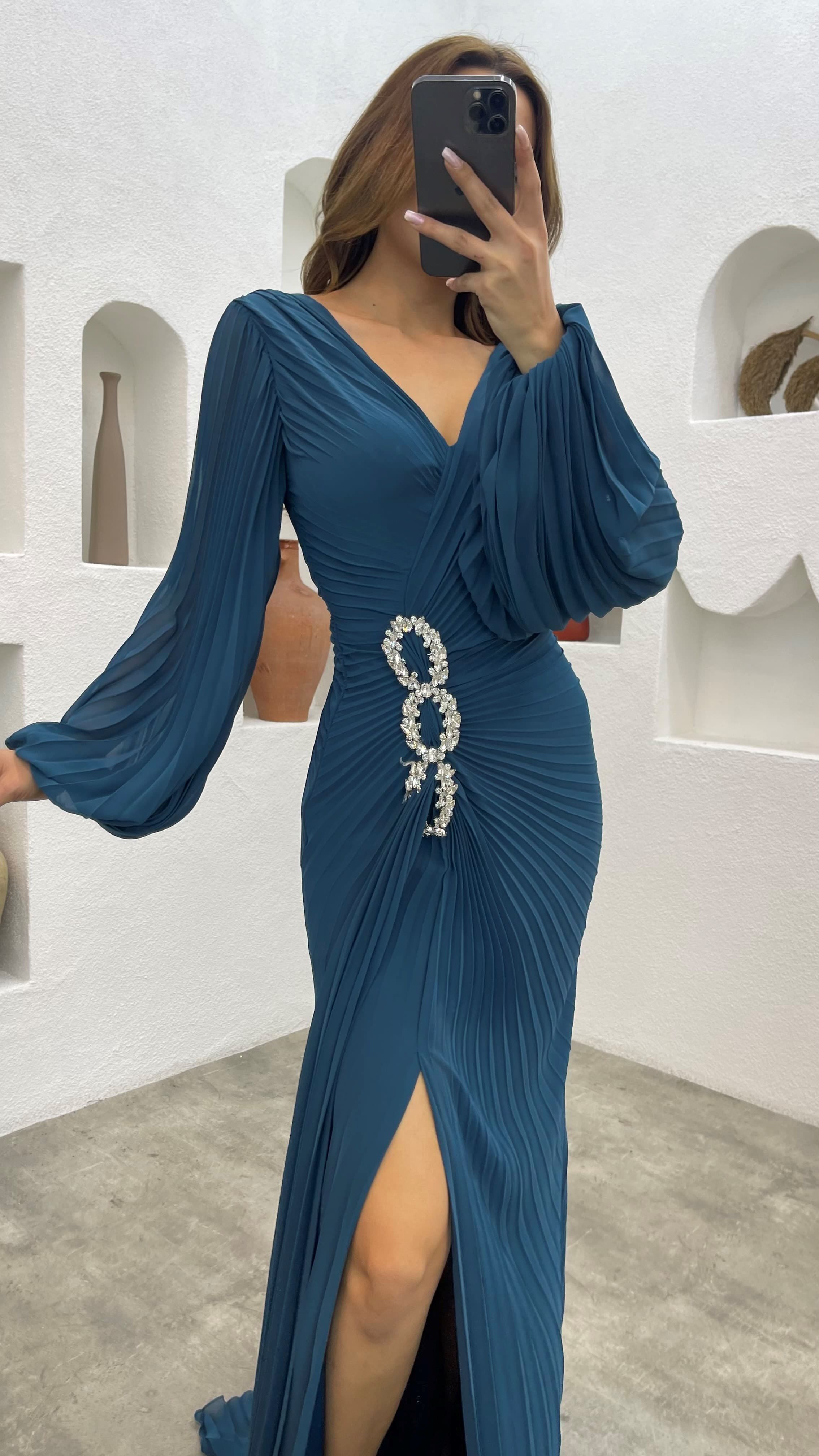 Waist Embroidered Pleated Evening Dress