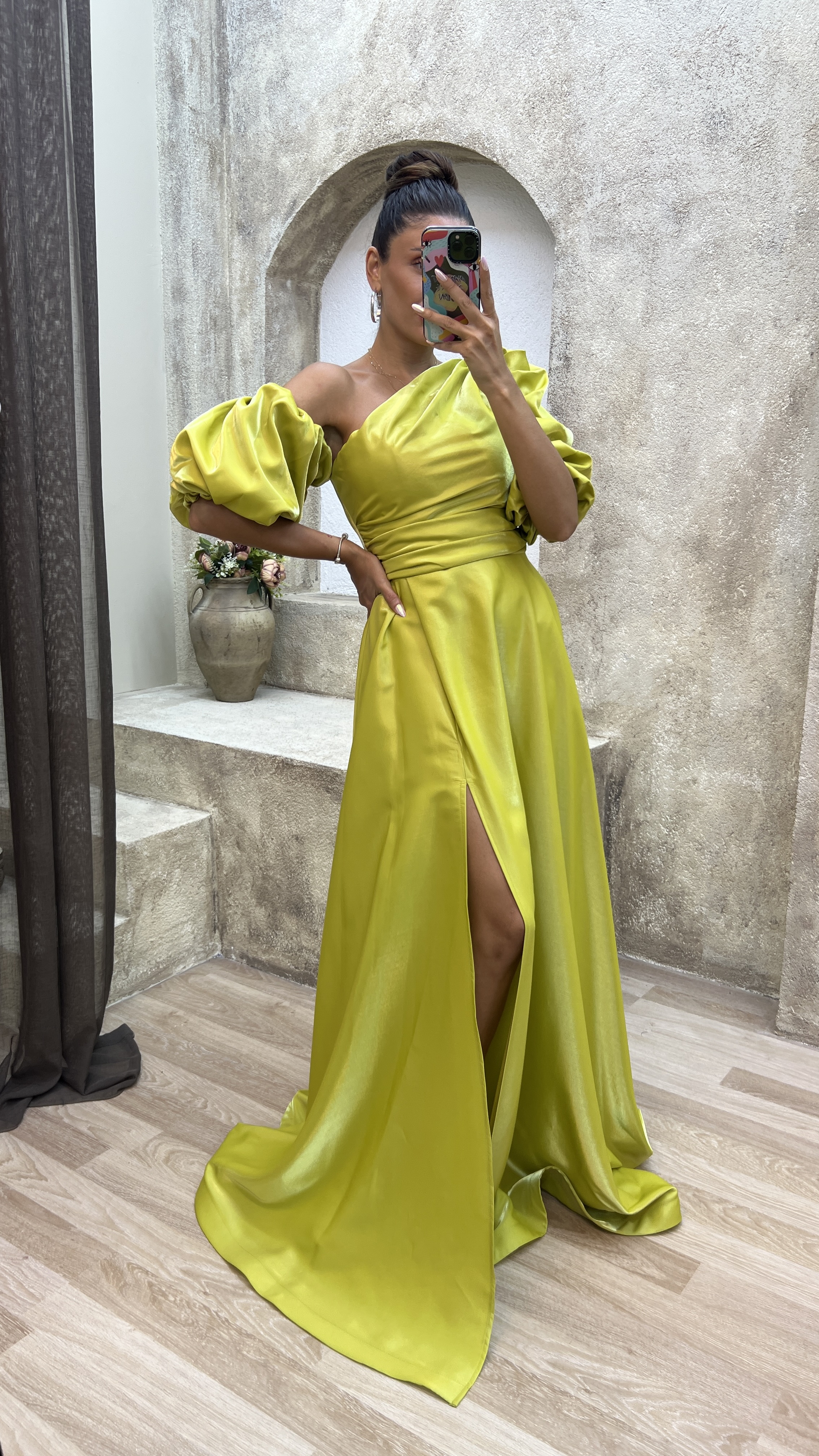 BALLOON SLEEVE SATIN EVENING DRESS
