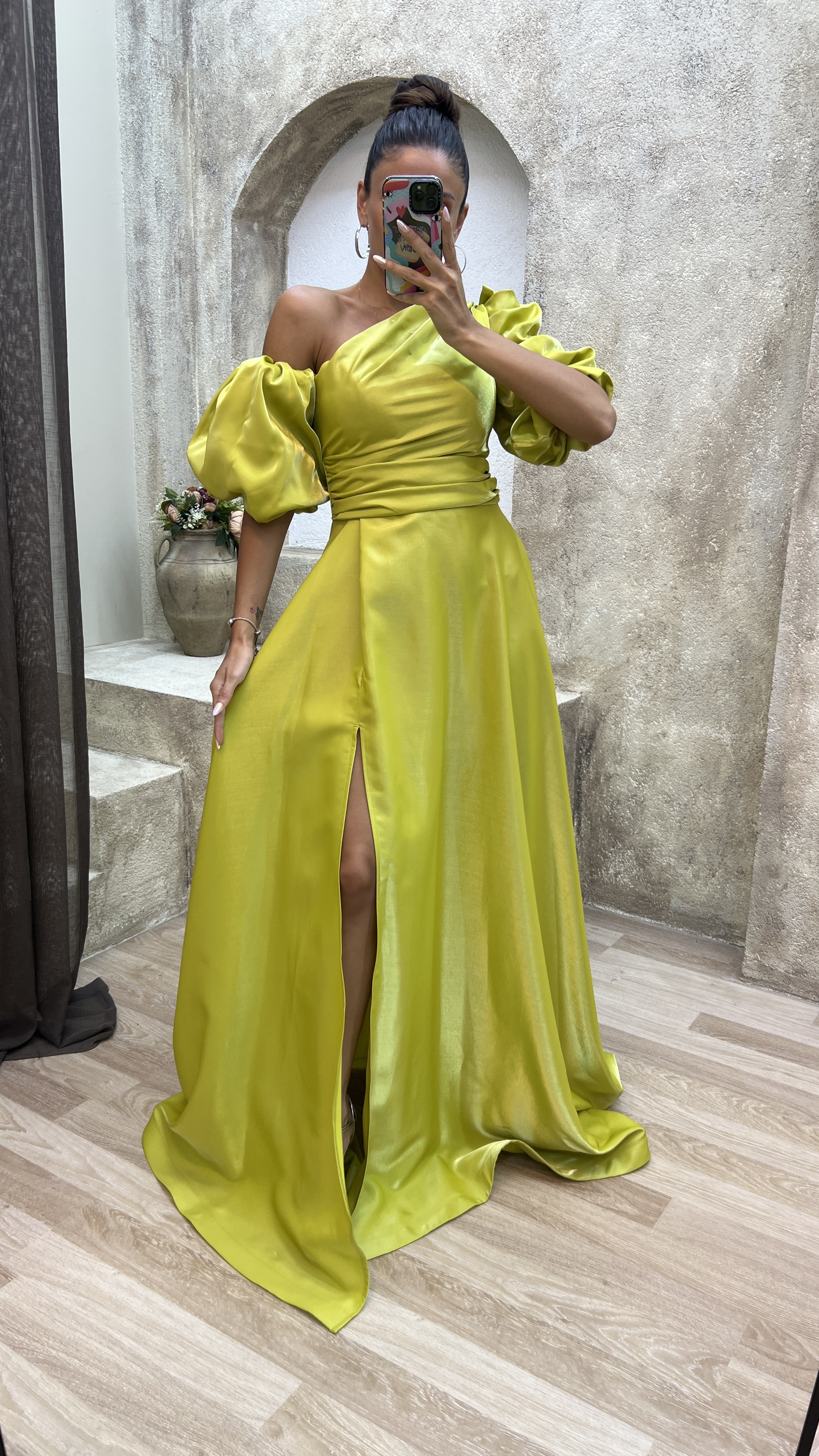 BALLOON SLEEVE SATIN EVENING DRESS