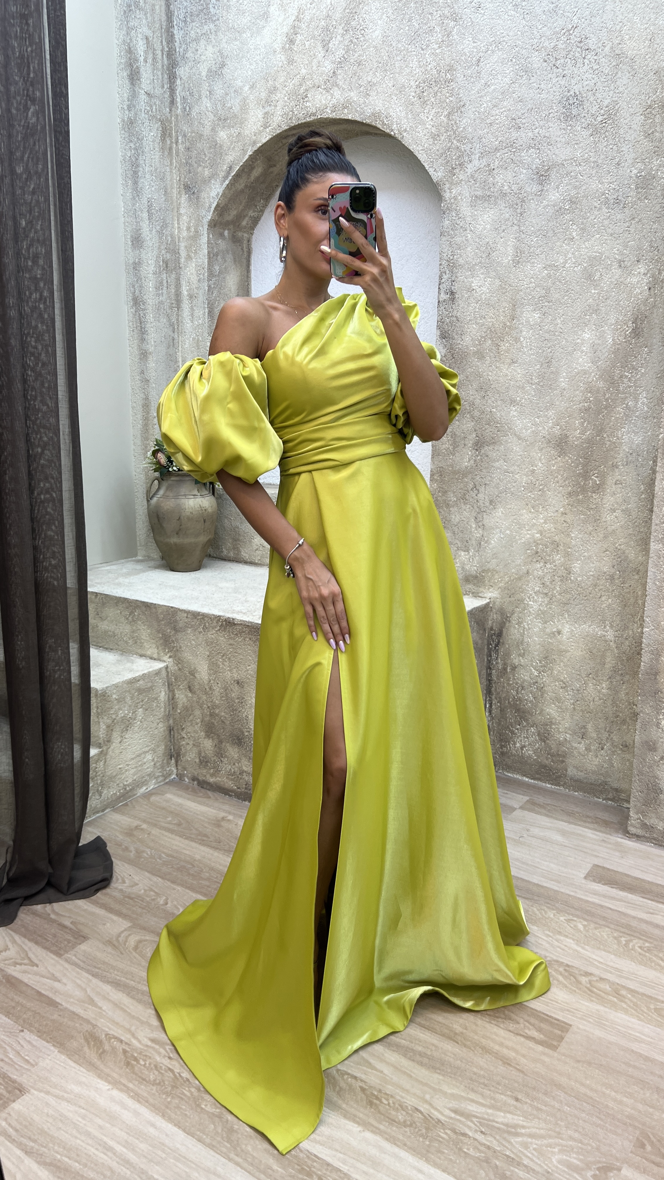 BALLOON SLEEVE SATIN EVENING DRESS
