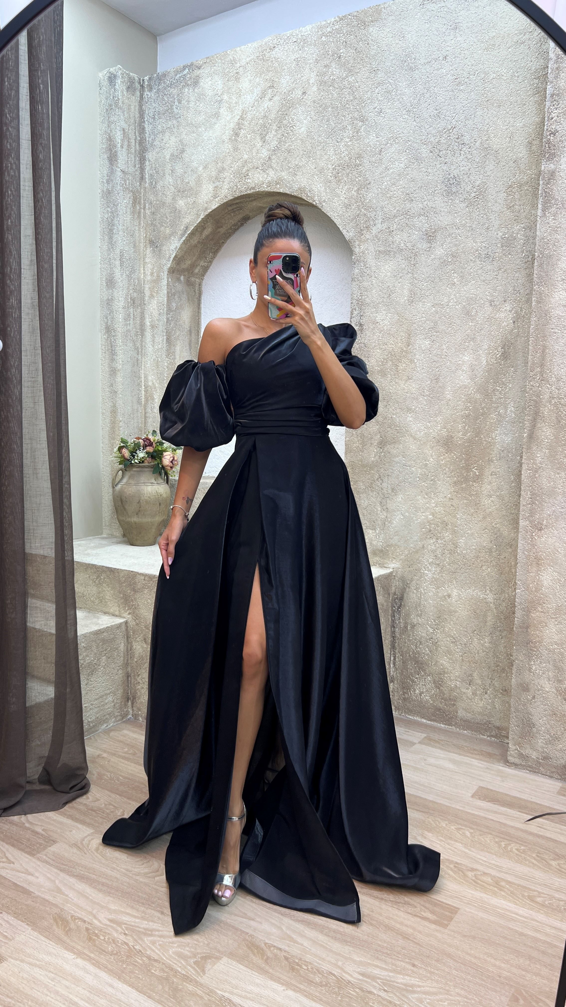 BALLOON SLEEVE SATIN EVENING DRESS