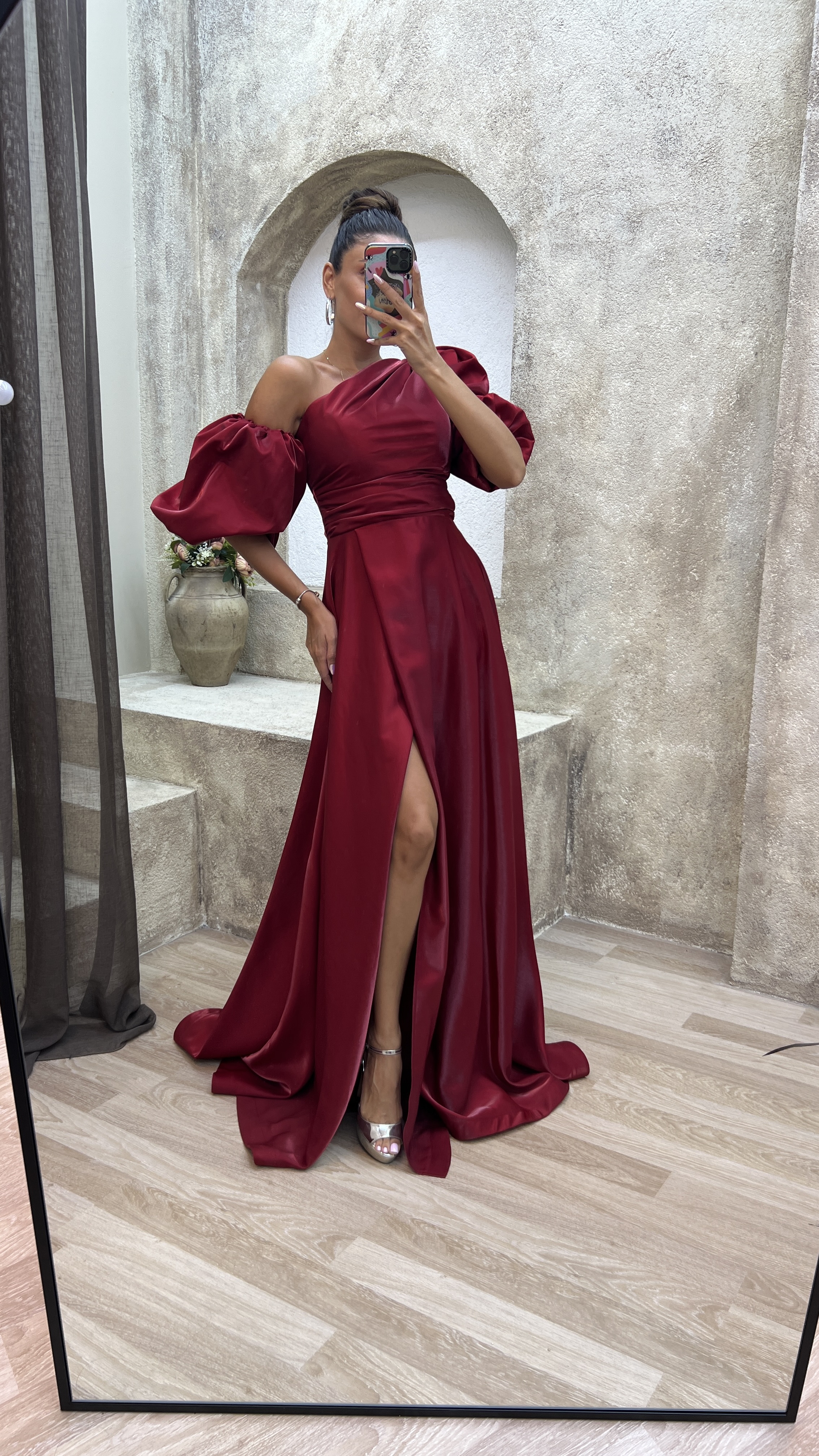 BALLOON SLEEVE SATIN EVENING DRESS