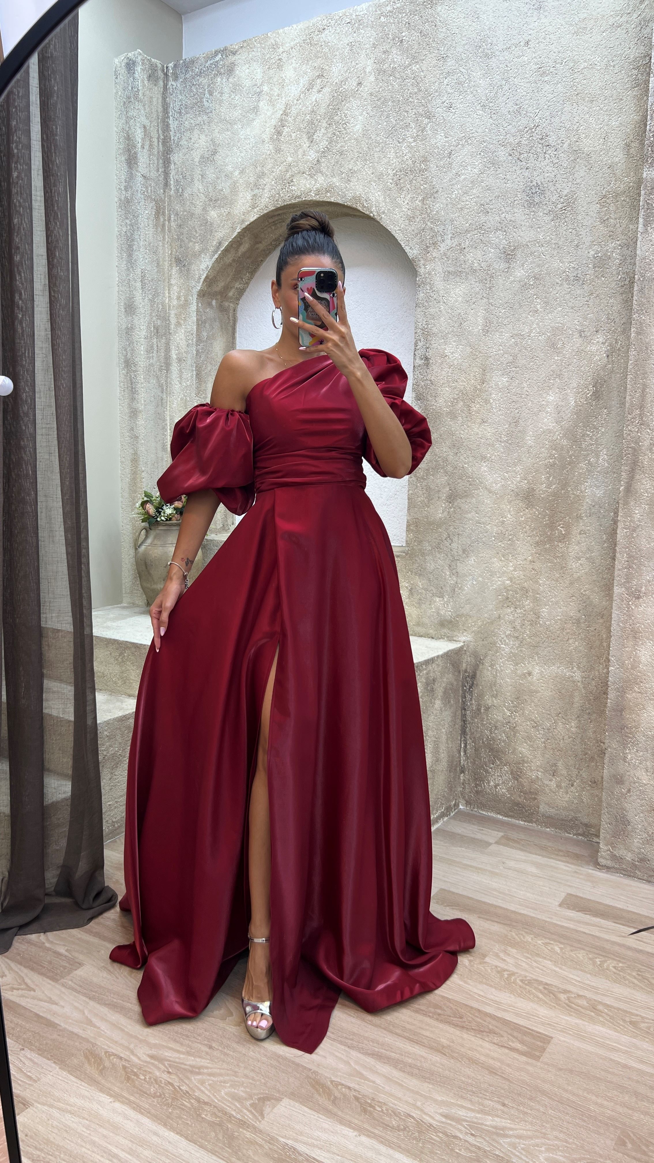 BALLOON SLEEVE SATIN EVENING DRESS