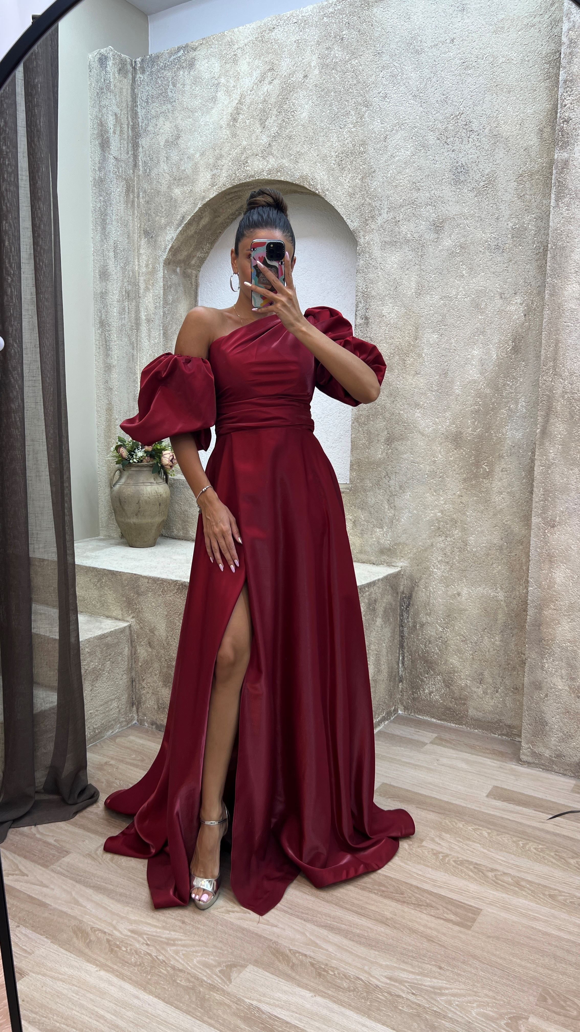 BALLOON SLEEVE SATIN EVENING DRESS