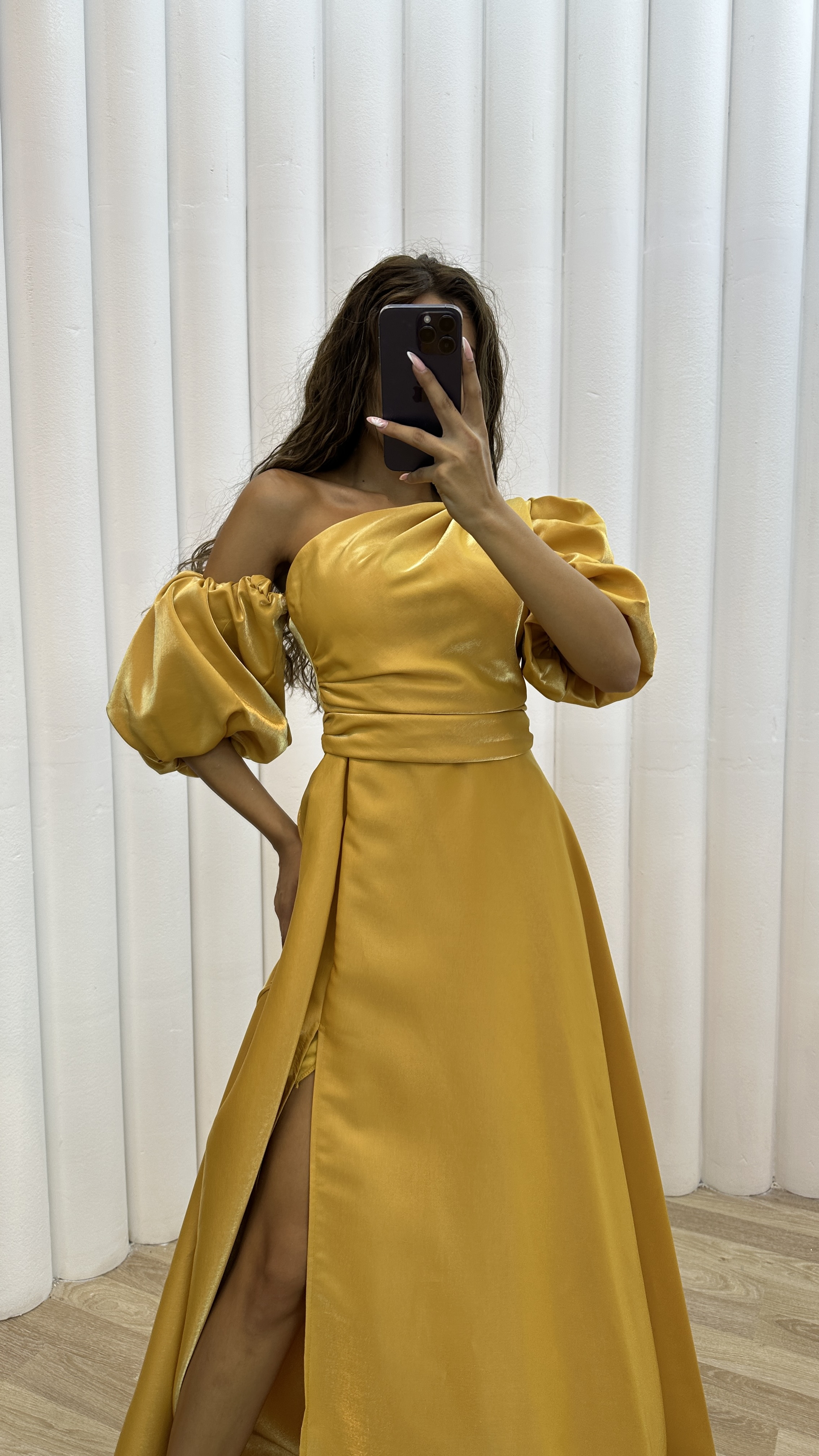 BALLOON SLEEVE SATIN EVENING DRESS