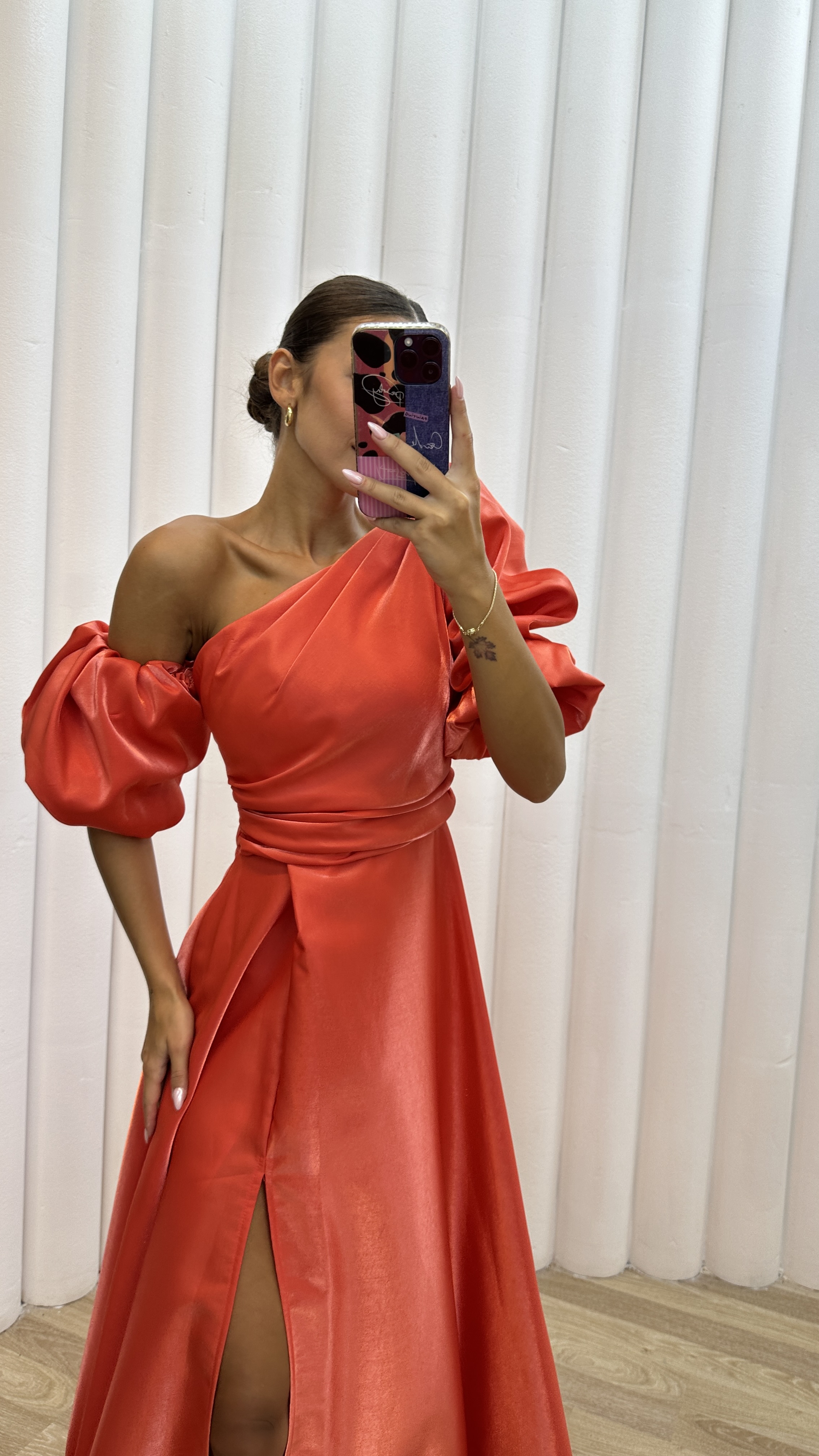 BALLOON SLEEVE SATIN EVENING DRESS