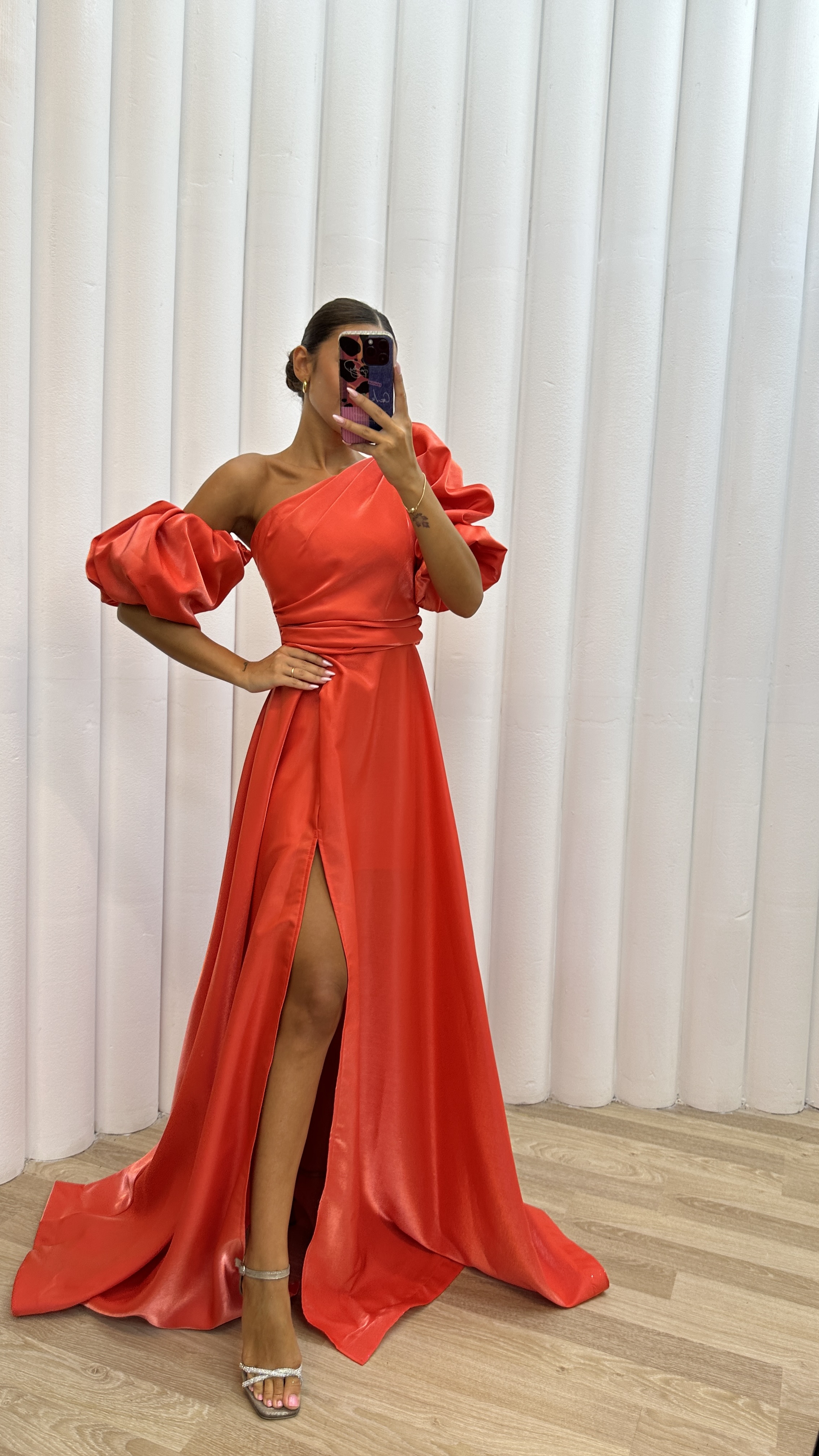 BALLOON SLEEVE SATIN EVENING DRESS