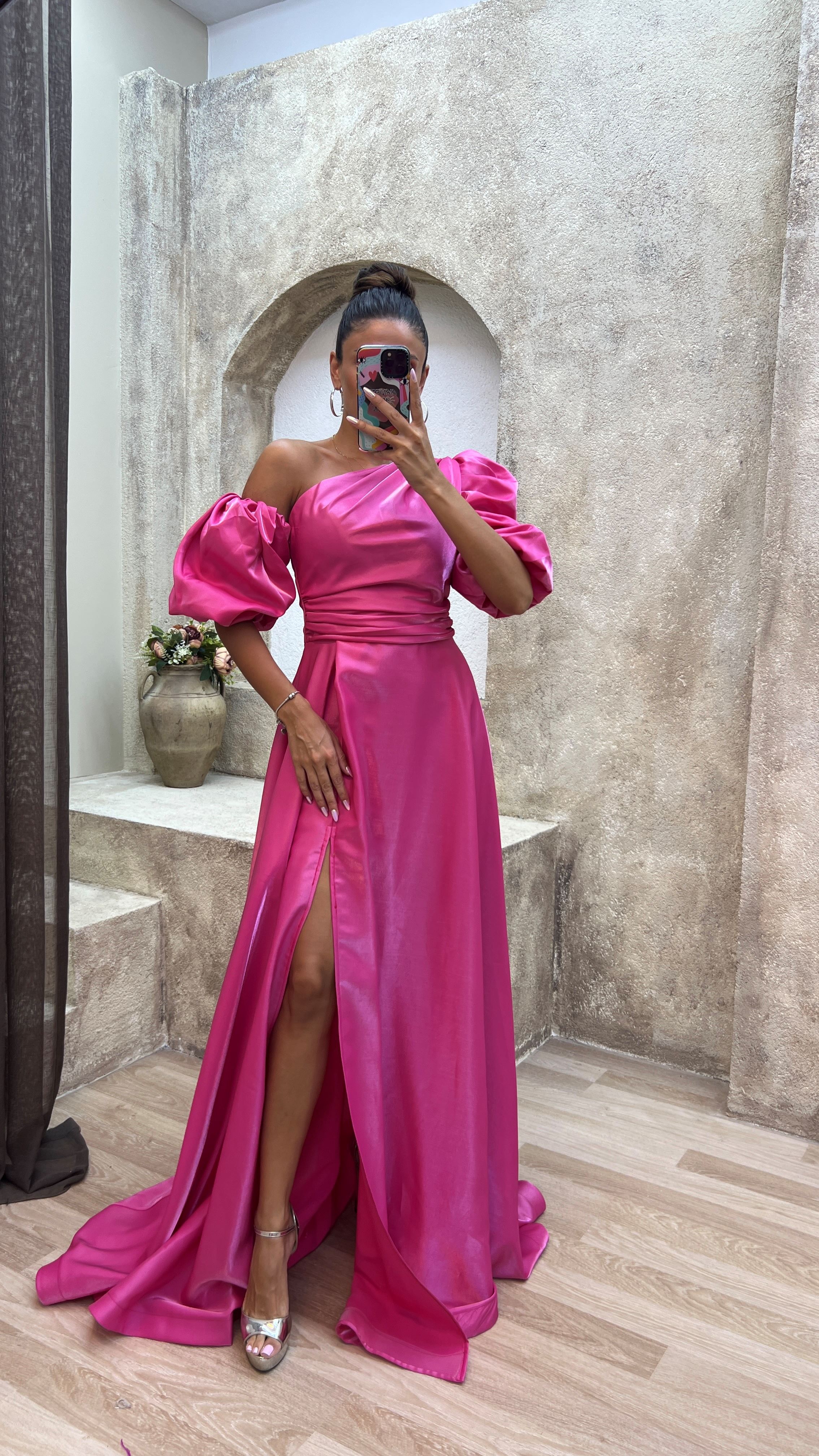 BALLOON SLEEVE SATIN EVENING DRESS
