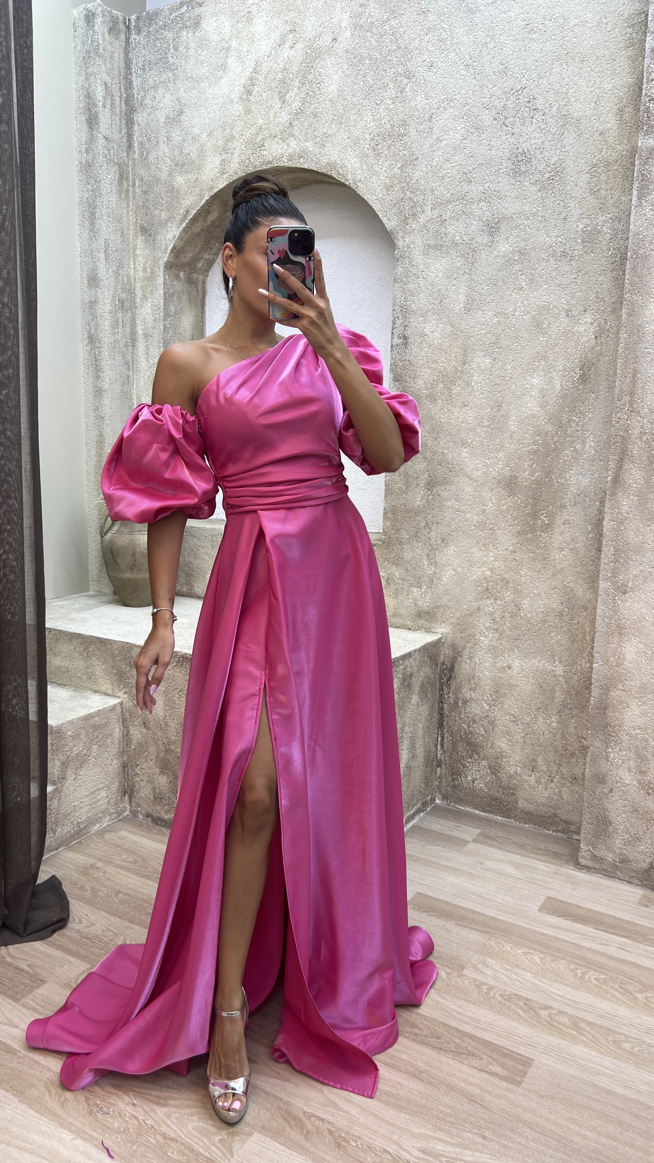 BALLOON SLEEVE SATIN EVENING DRESS