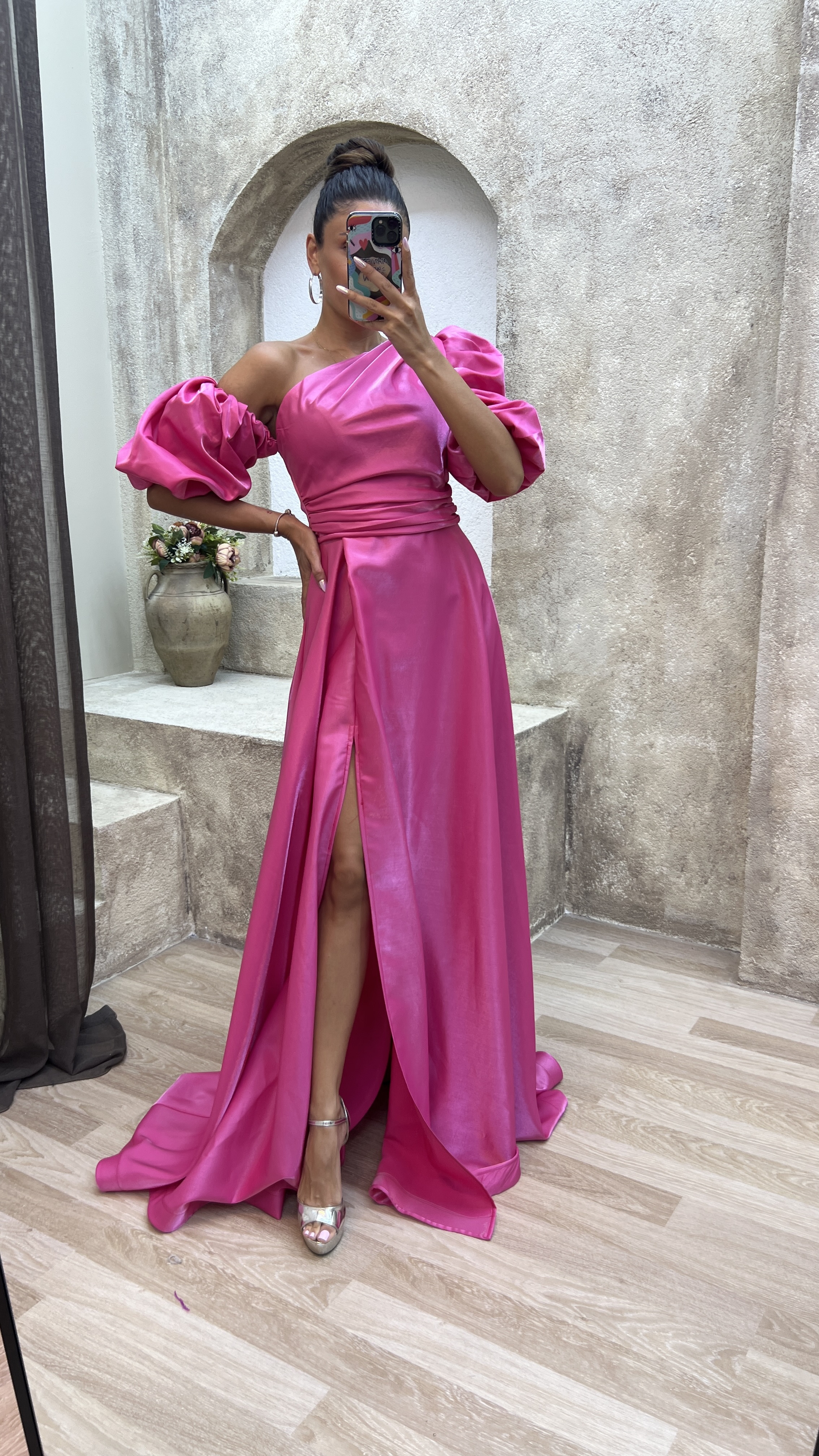 BALLOON SLEEVE SATIN EVENING DRESS