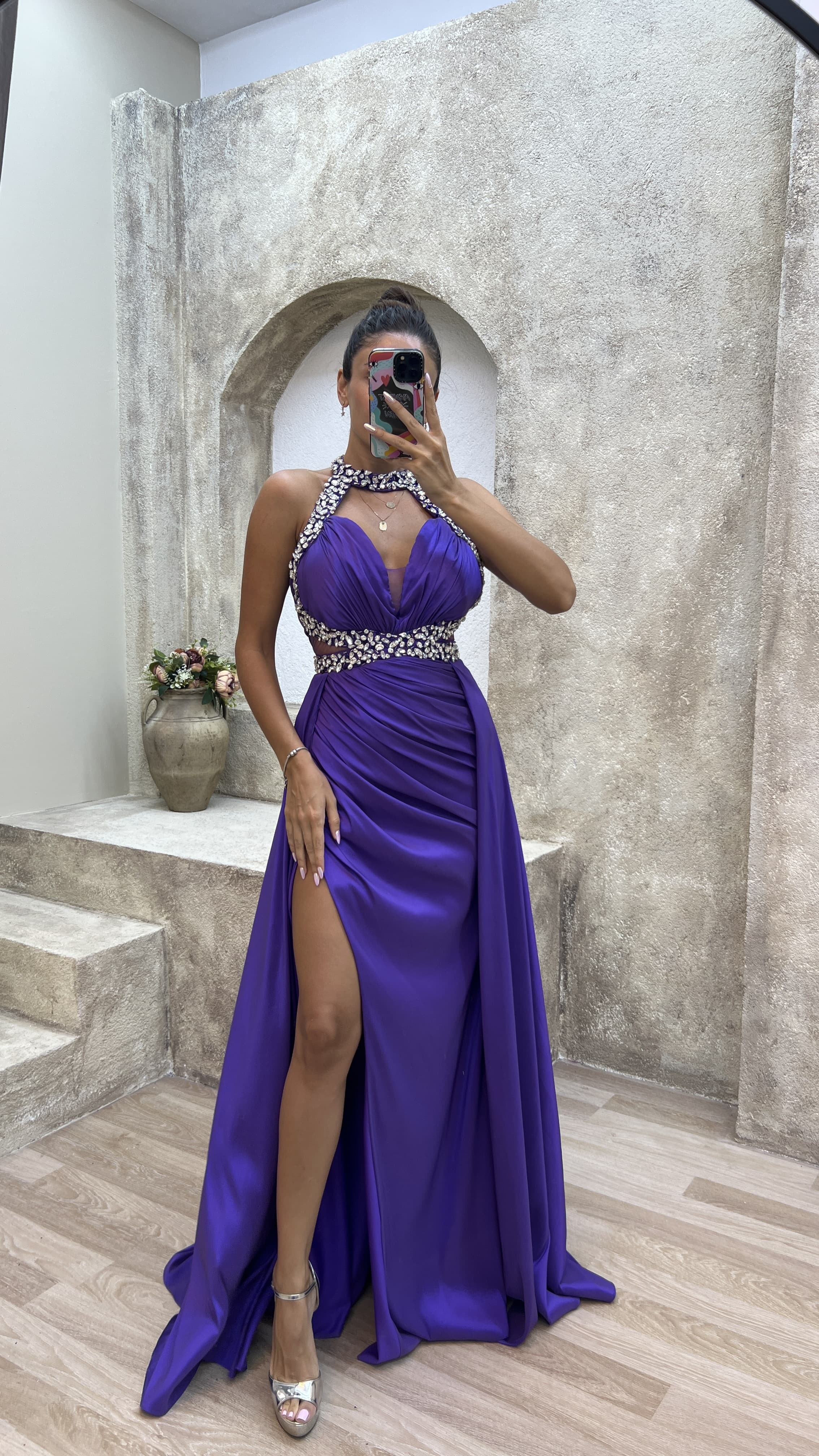 NECK AND WAIST DETAIL STONE EMBROIDERED SATIN EVENING DRESS