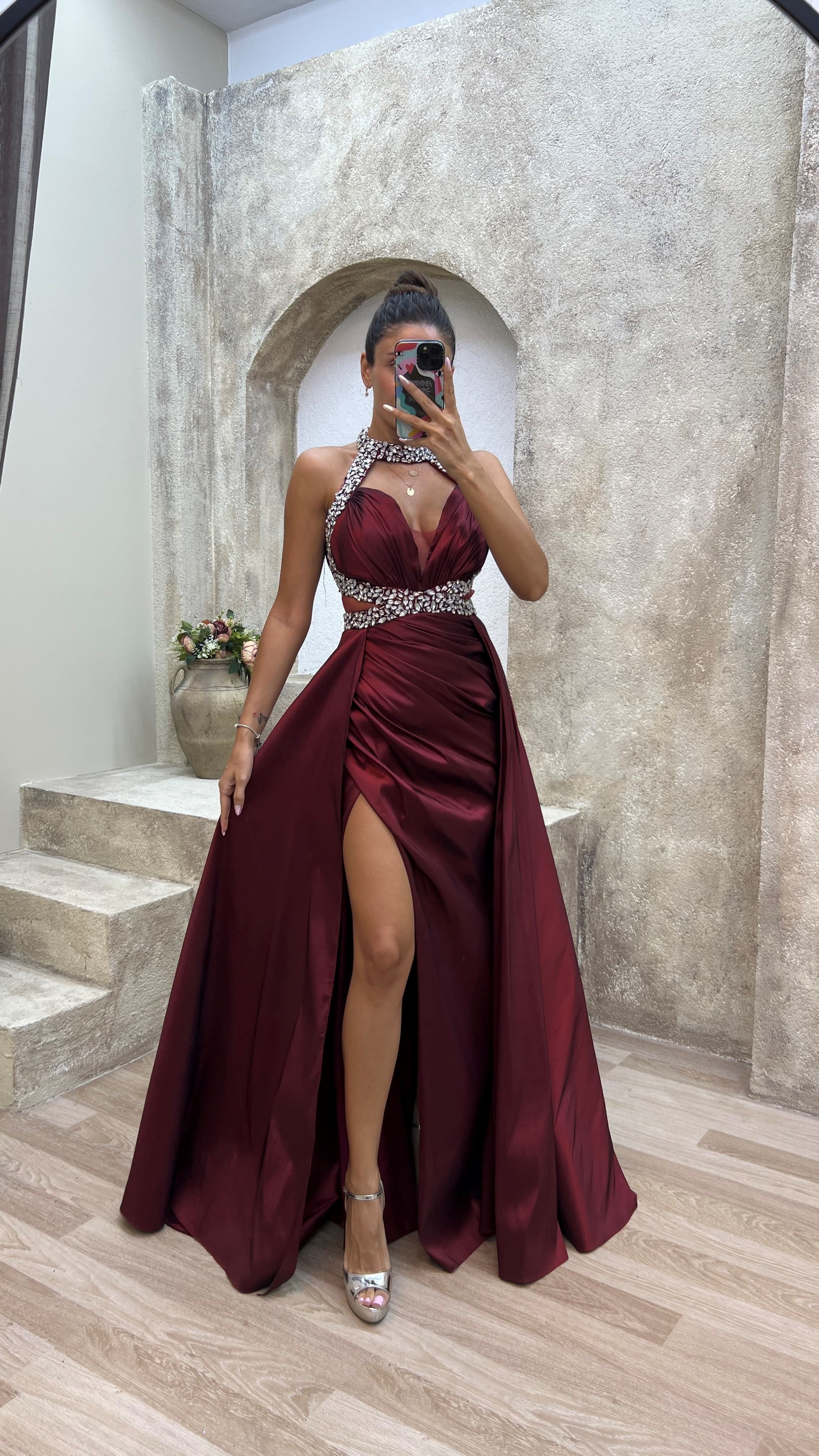 NECK AND WAIST DETAIL STONE EMBROIDERED SATIN EVENING DRESS