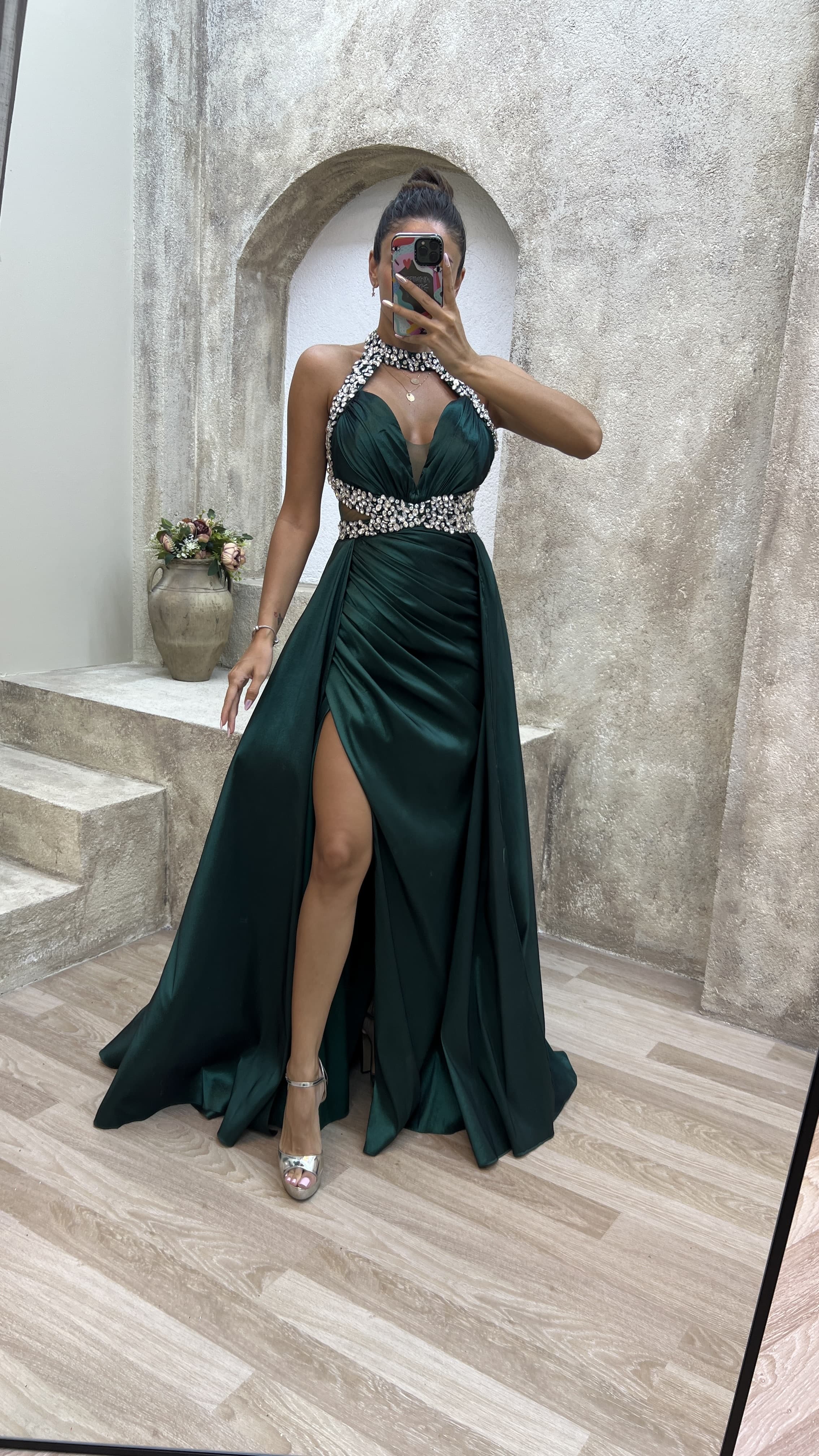 NECK AND WAIST DETAIL STONE EMBROIDERED SATIN EVENING DRESS