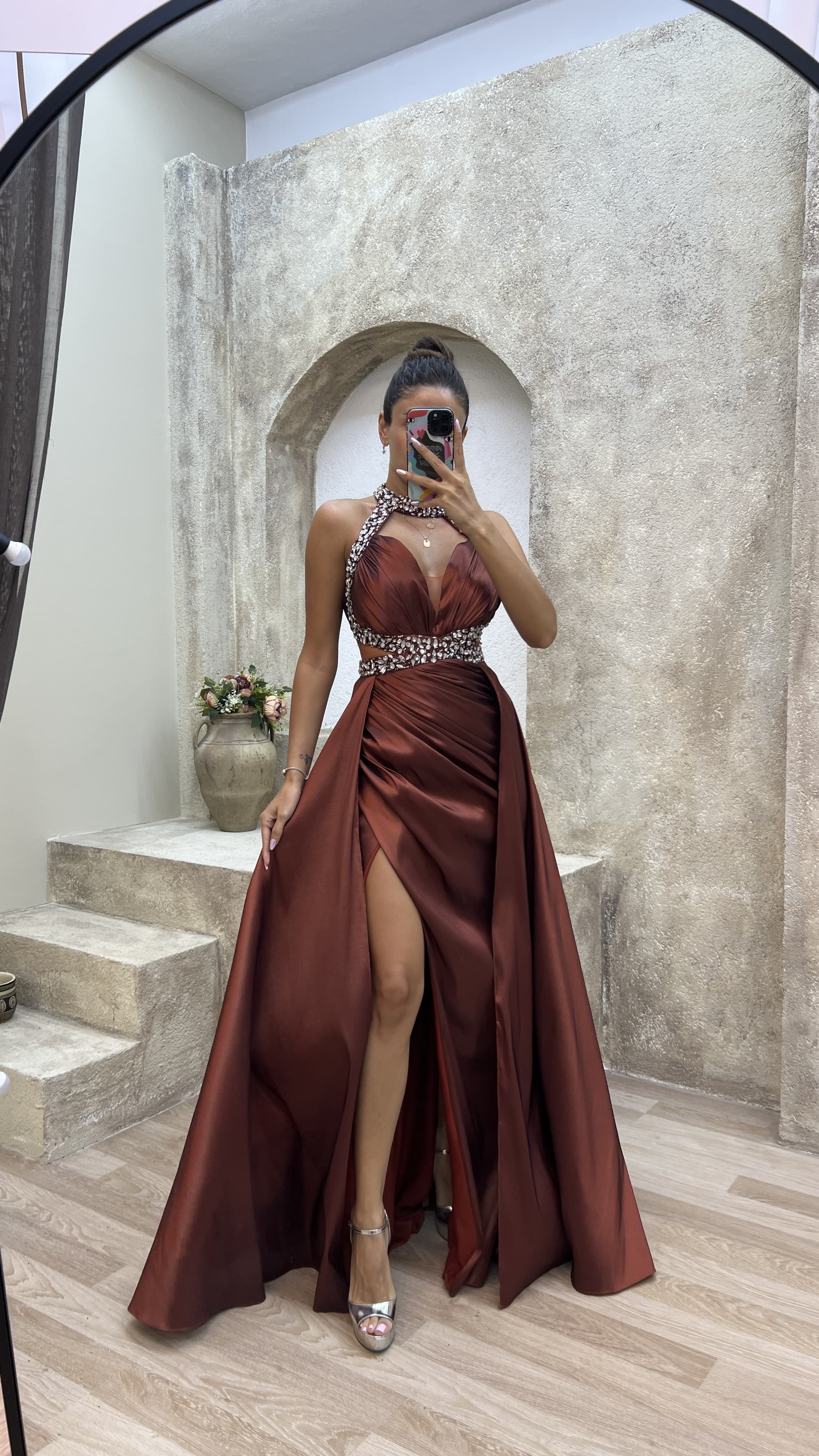 NECK AND WAIST DETAIL STONE EMBROIDERED SATIN EVENING DRESS