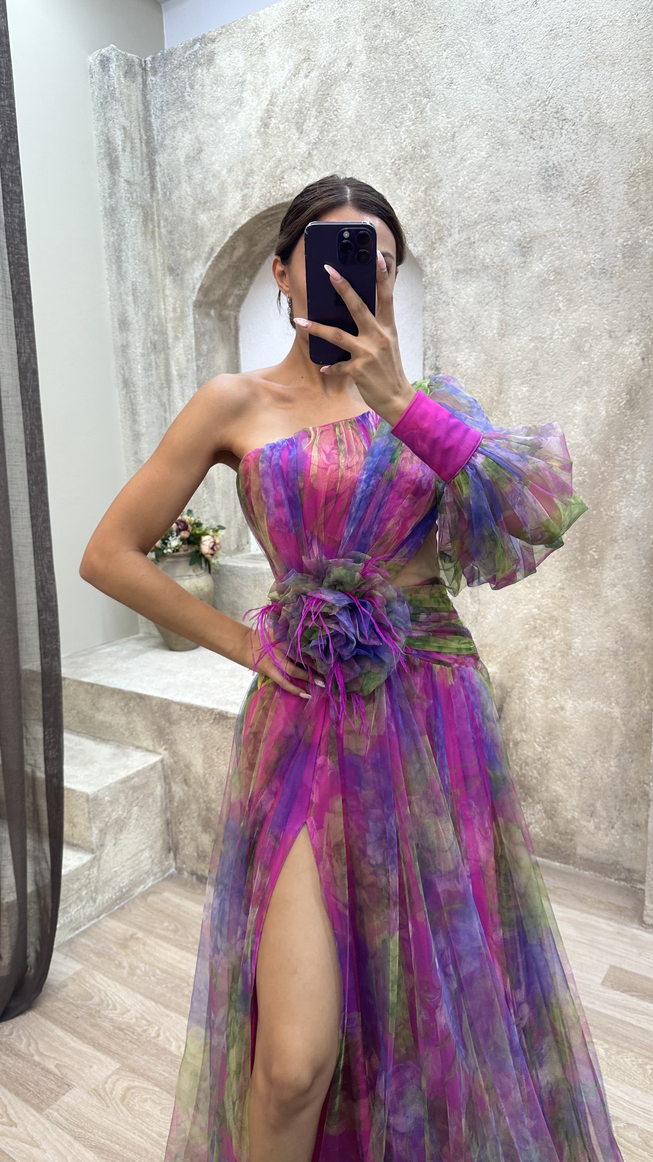 Floral one-shoulder flowy long-sleeved dress