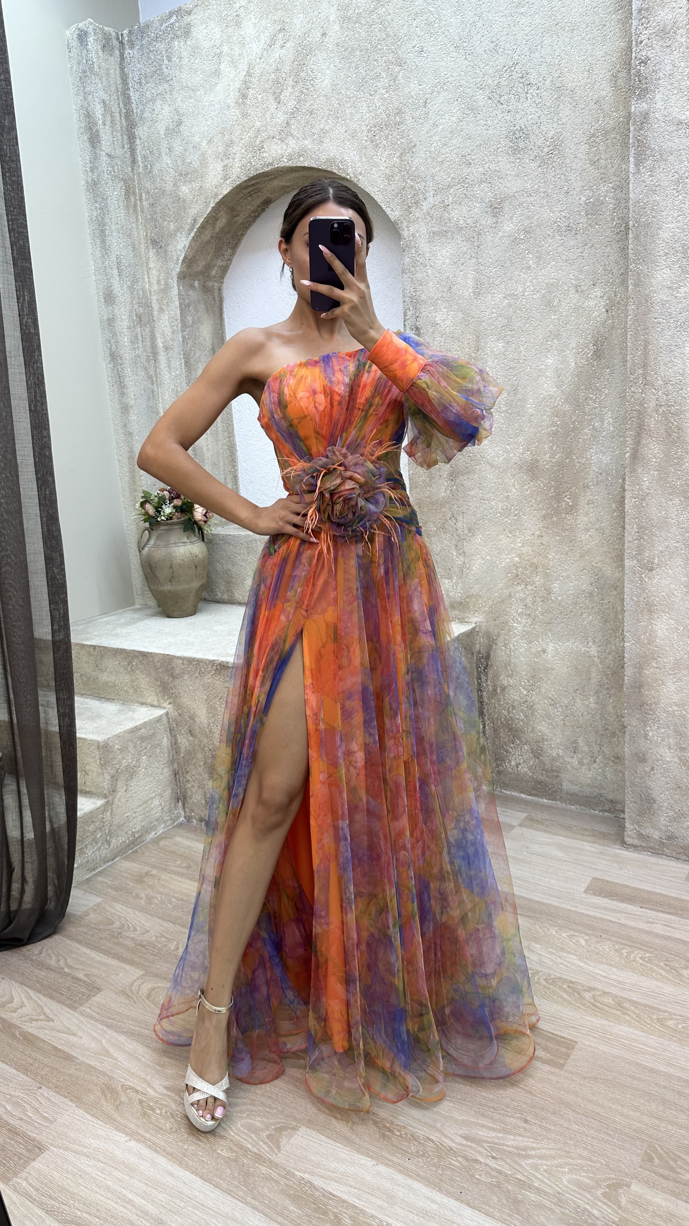 Floral one-shoulder flowy long-sleeved dress