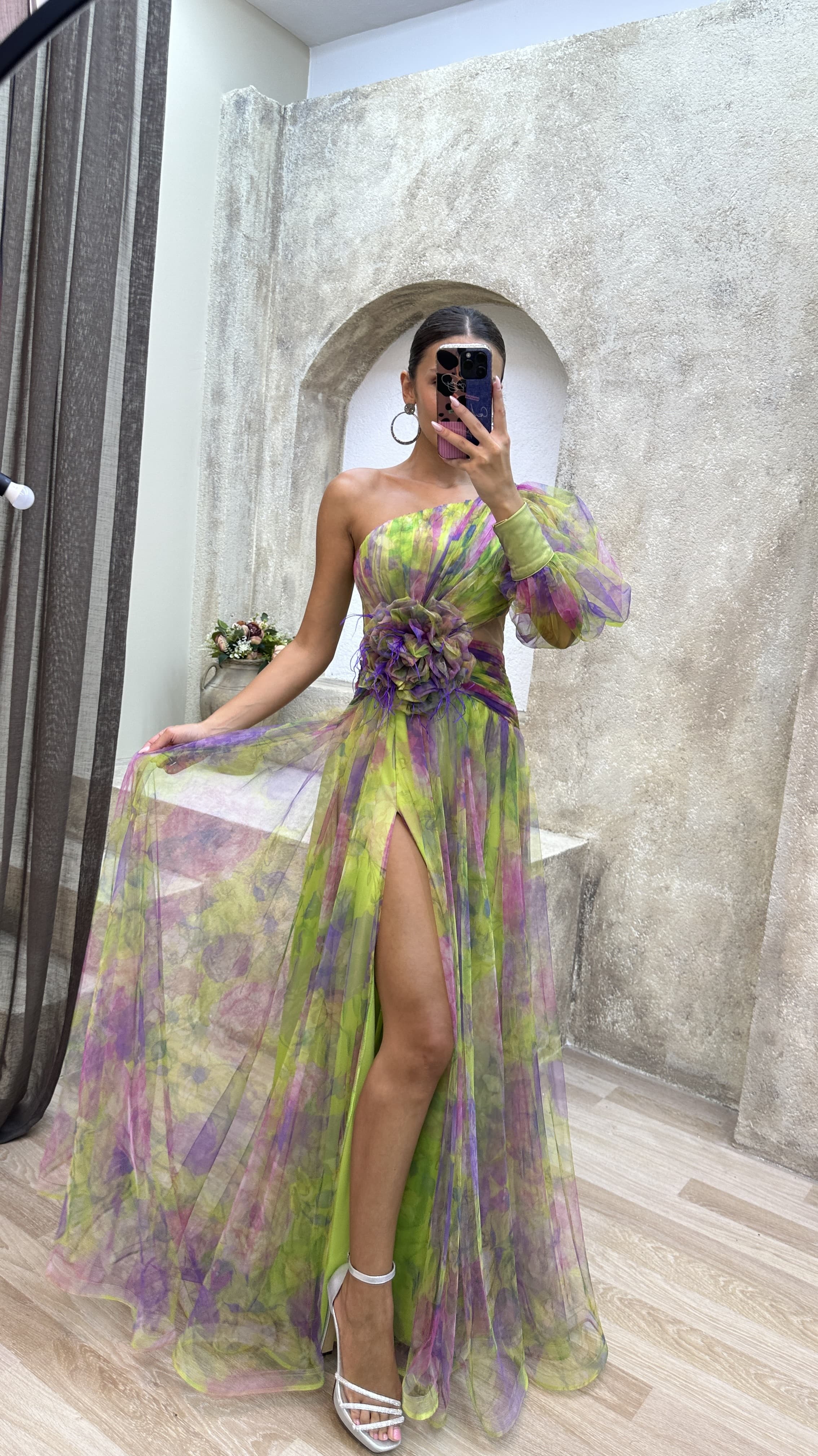 Floral one-shoulder flowy long-sleeved dress