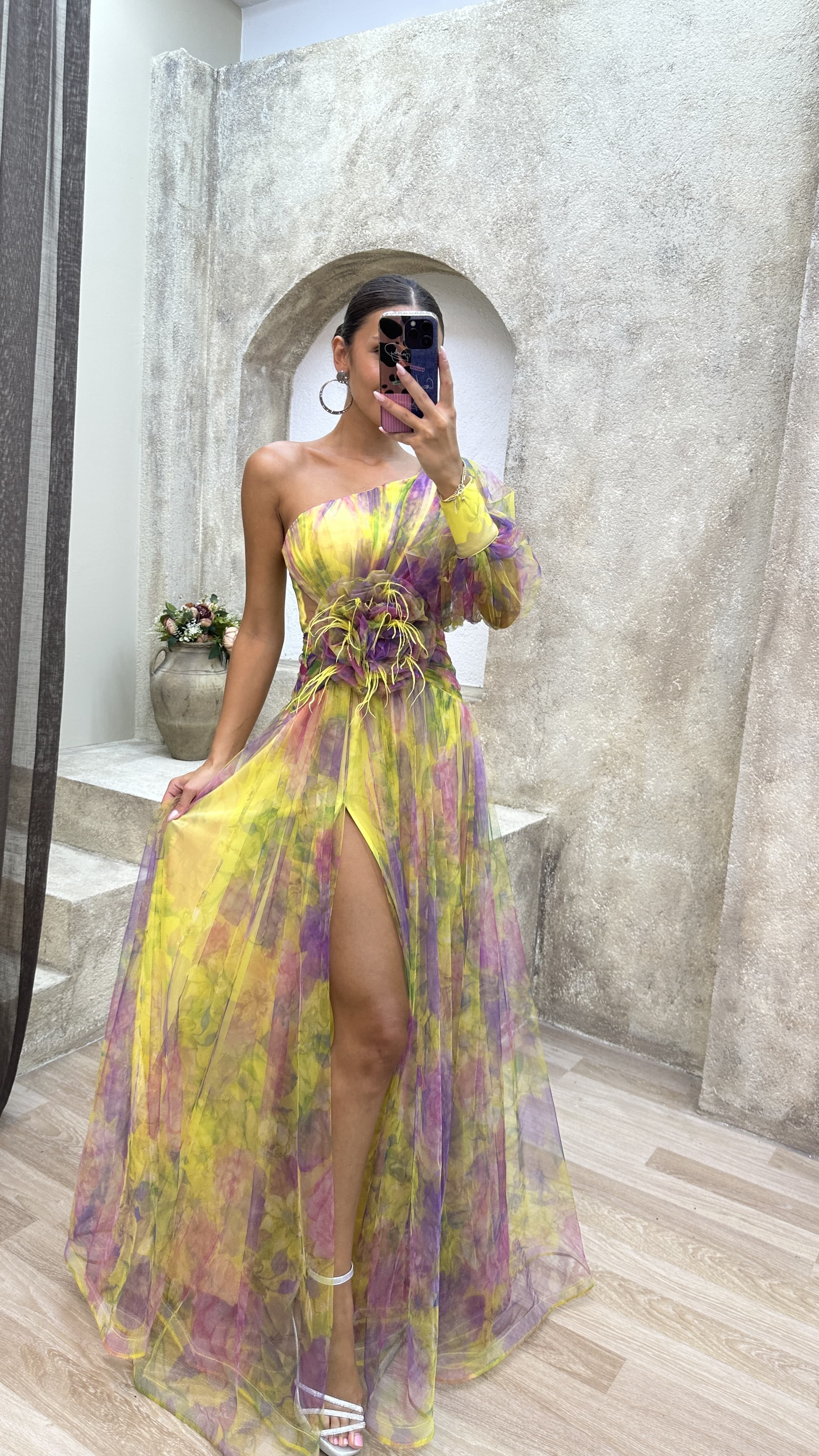 Floral one-shoulder flowy long-sleeved dress