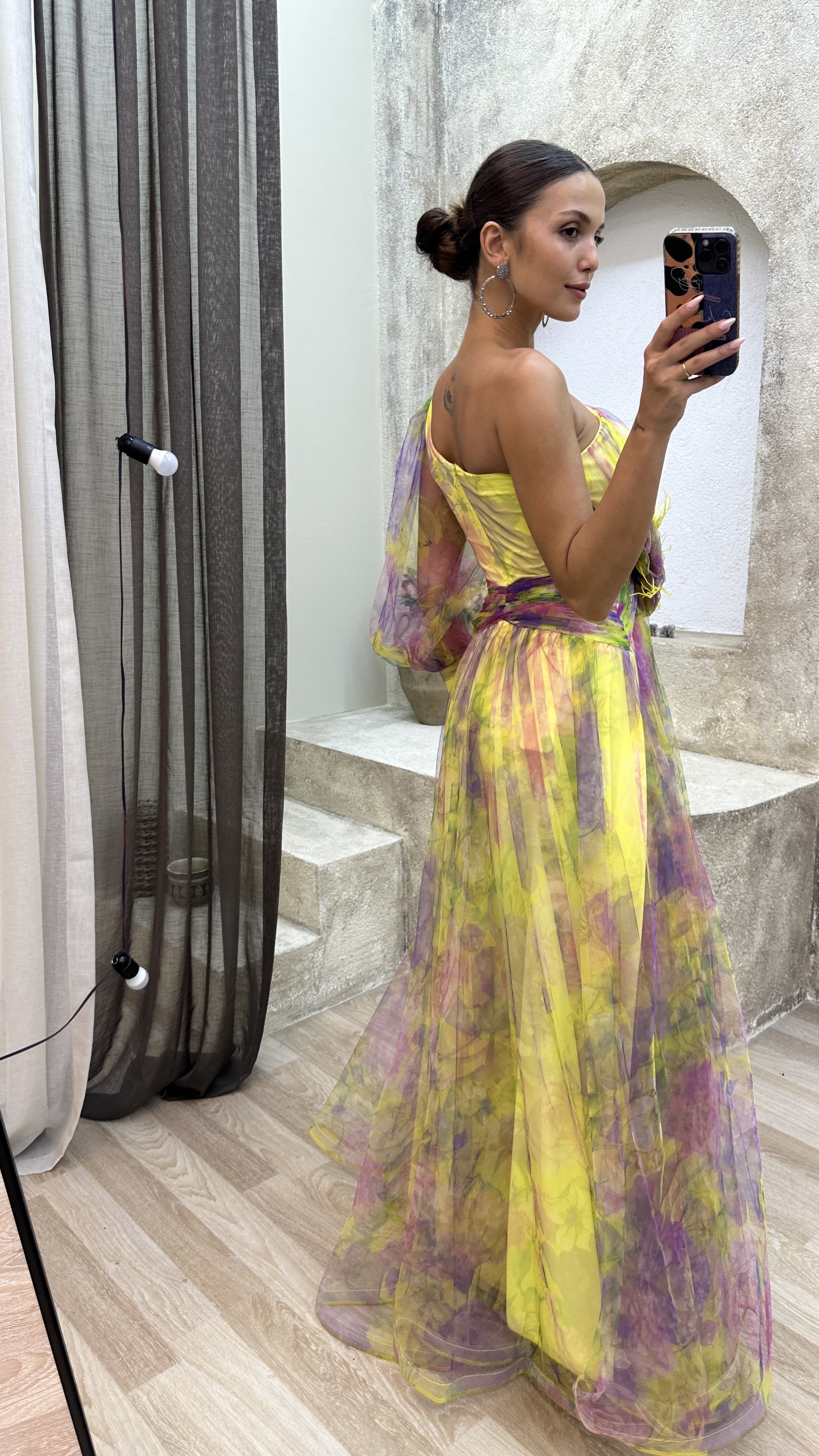 Floral one-shoulder flowy long-sleeved dress