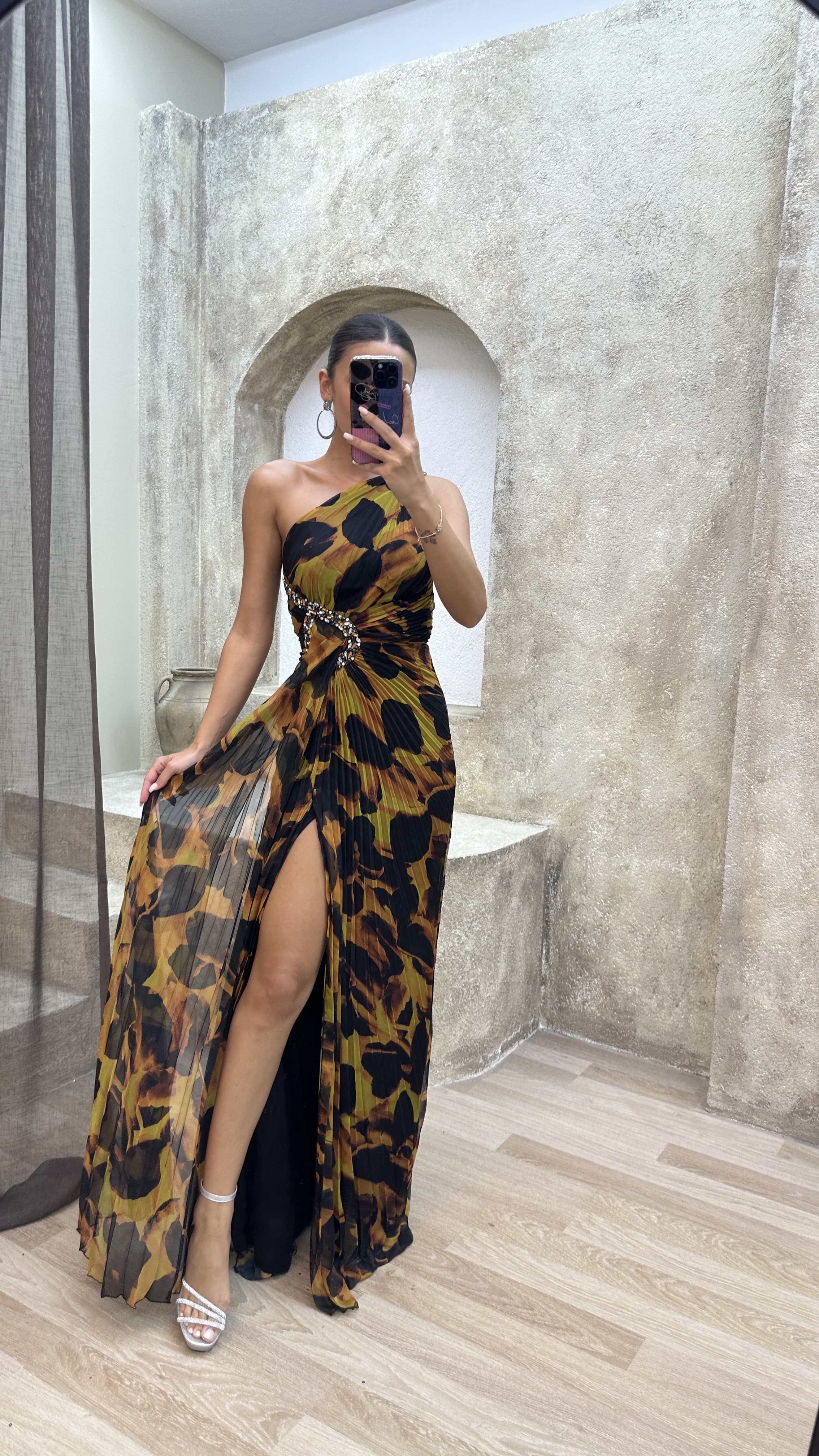 ONE SHOULDER WAIST PROCESSING DETAIL DESIGN DRESS