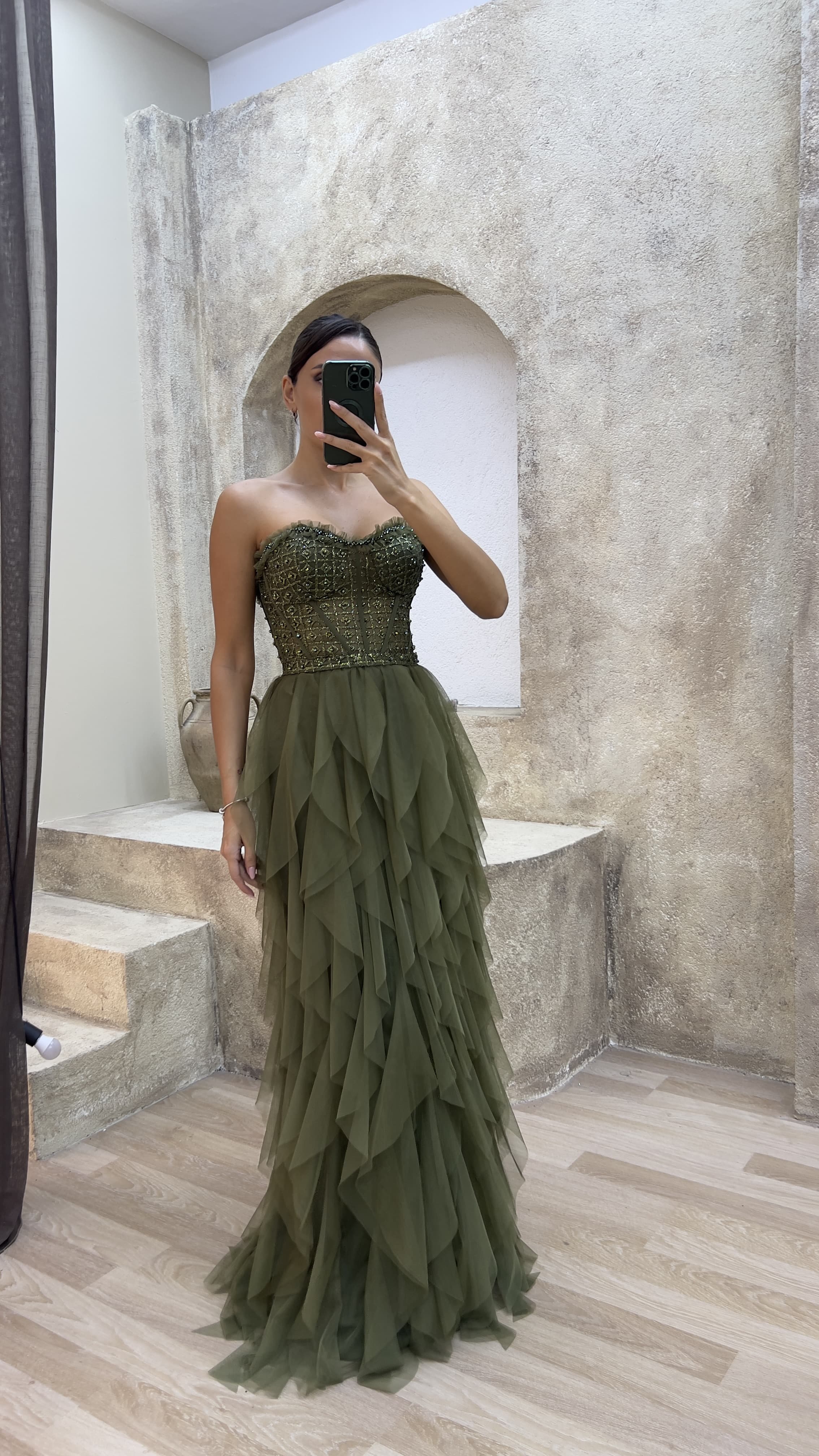 Rope Strap Tulle Evening Dress with Embroidered Ruffle Skirt