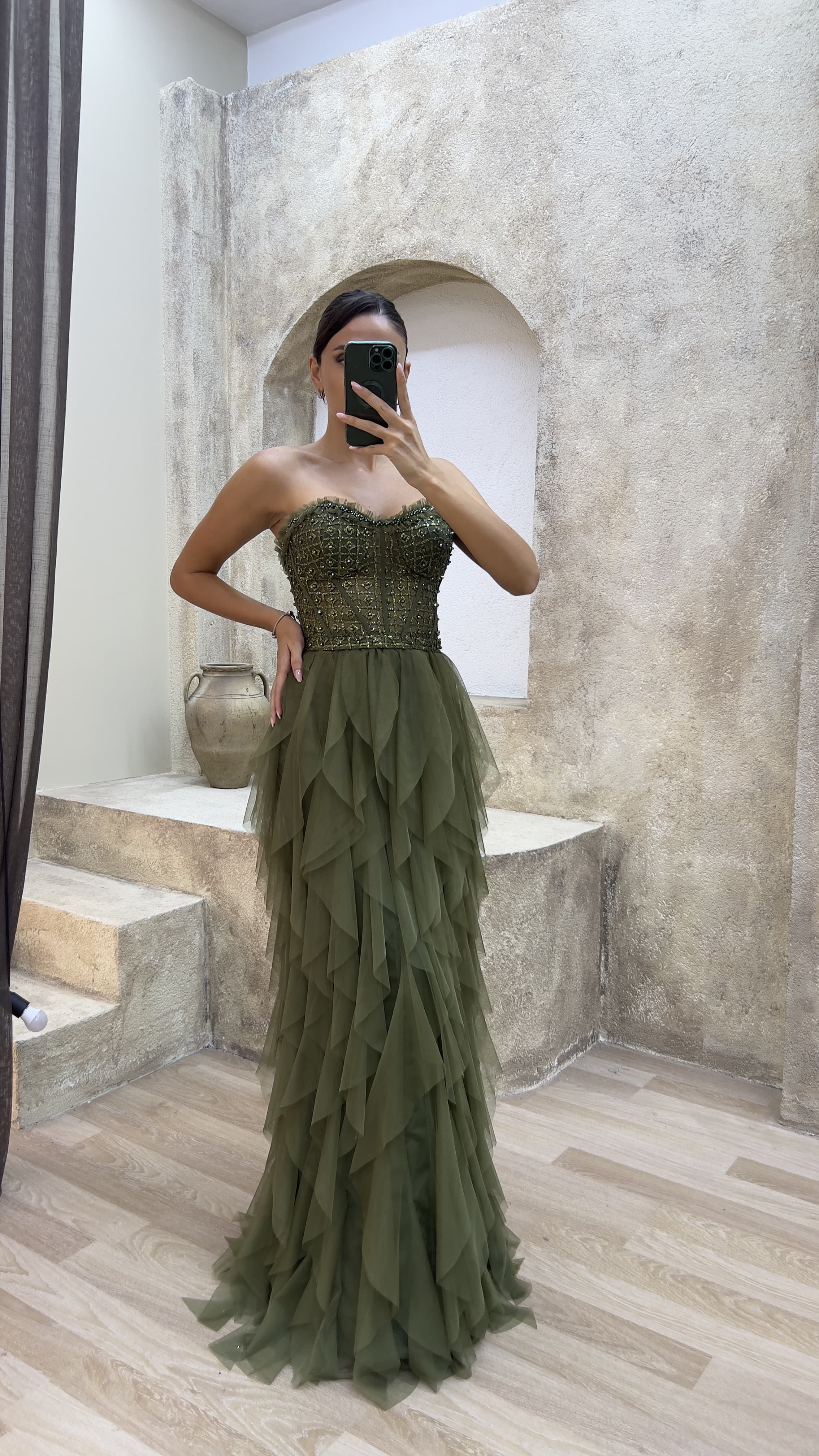 Rope Strap Tulle Evening Dress with Embroidered Ruffle Skirt