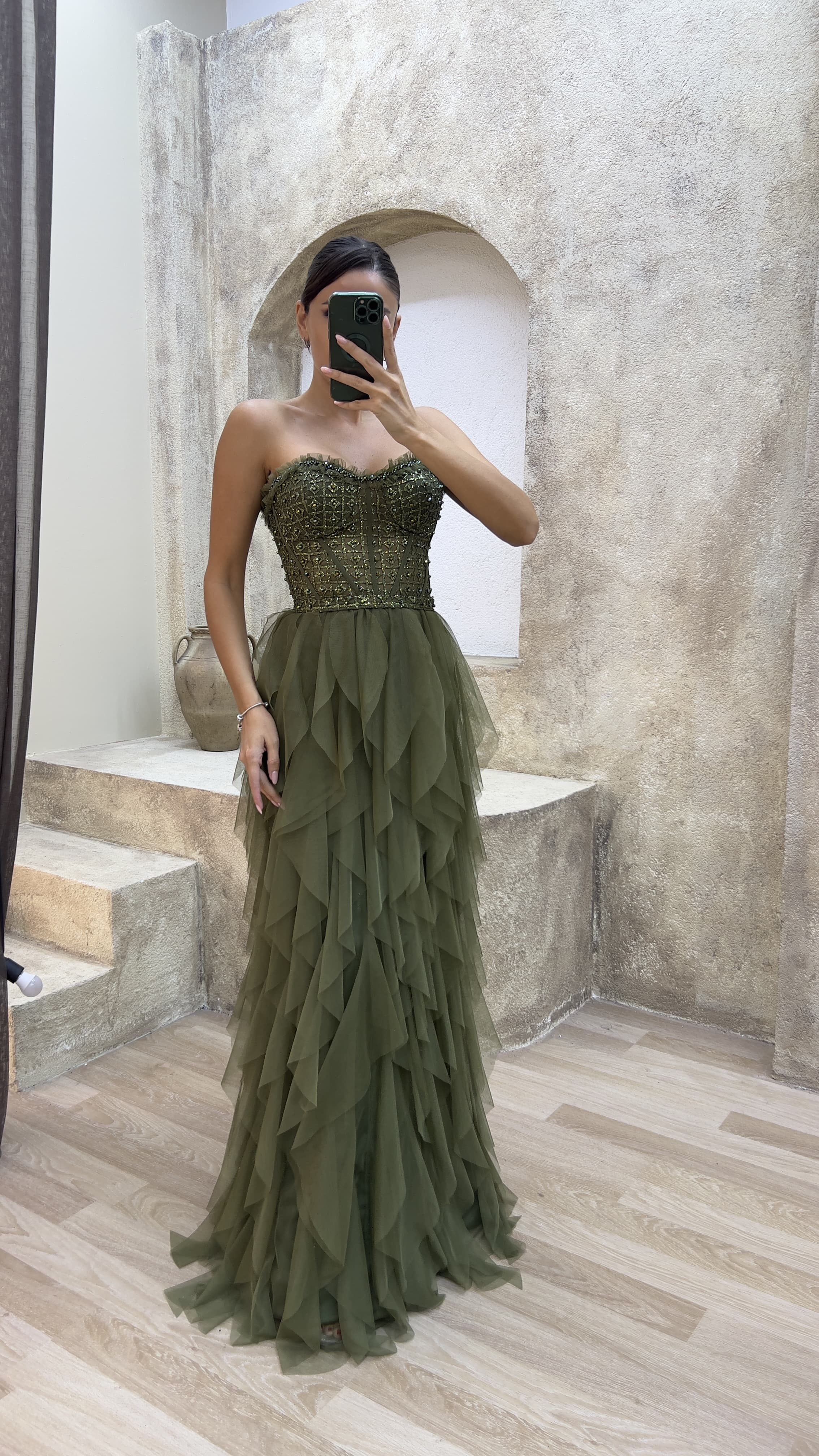 Rope Strap Tulle Evening Dress with Embroidered Ruffle Skirt