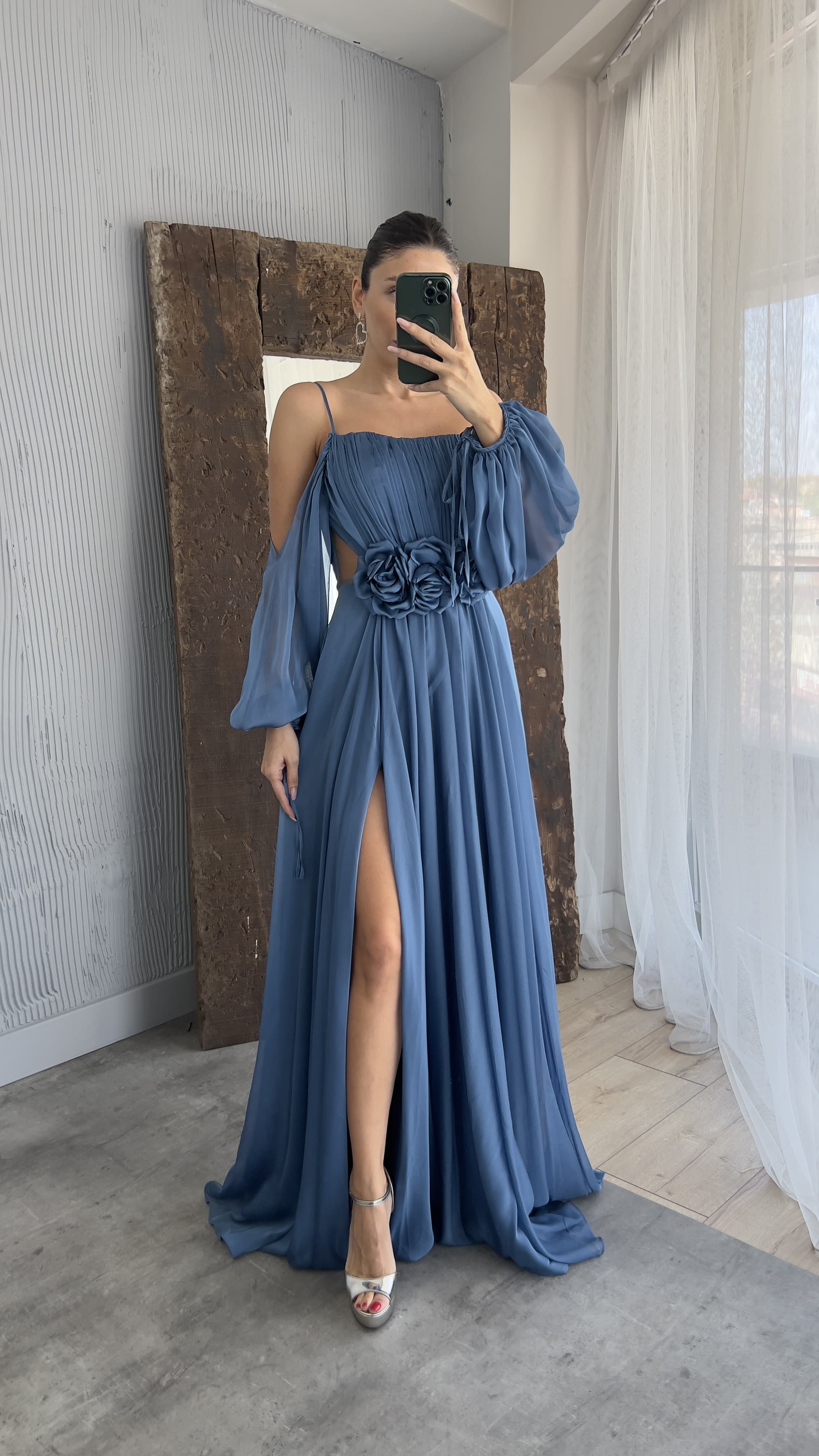 ROPE STRAP BALLOON WAIST DETAIL DESIGN CHIFFON DRESS