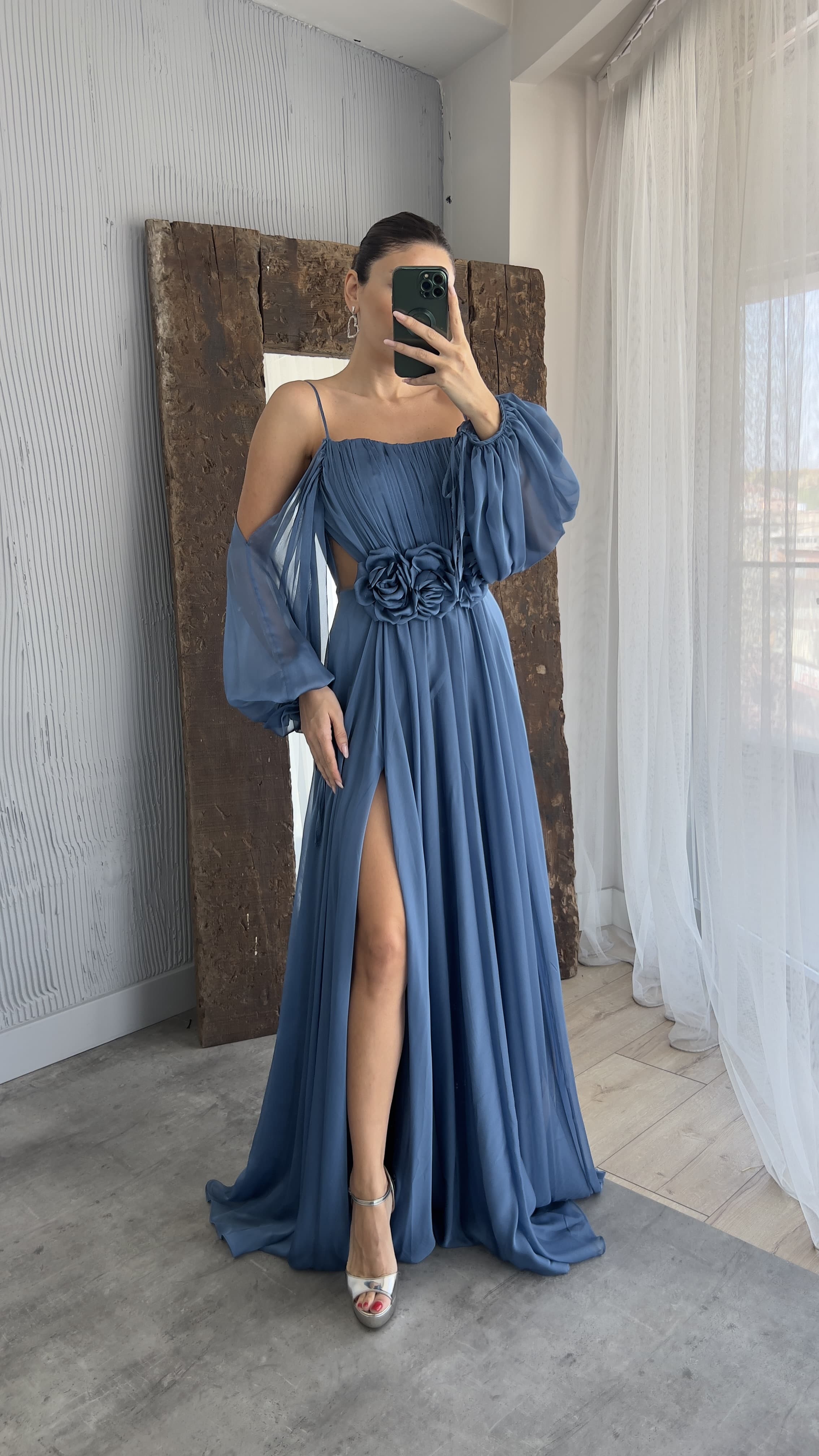 ROPE STRAP BALLOON WAIST DETAIL DESIGN CHIFFON DRESS