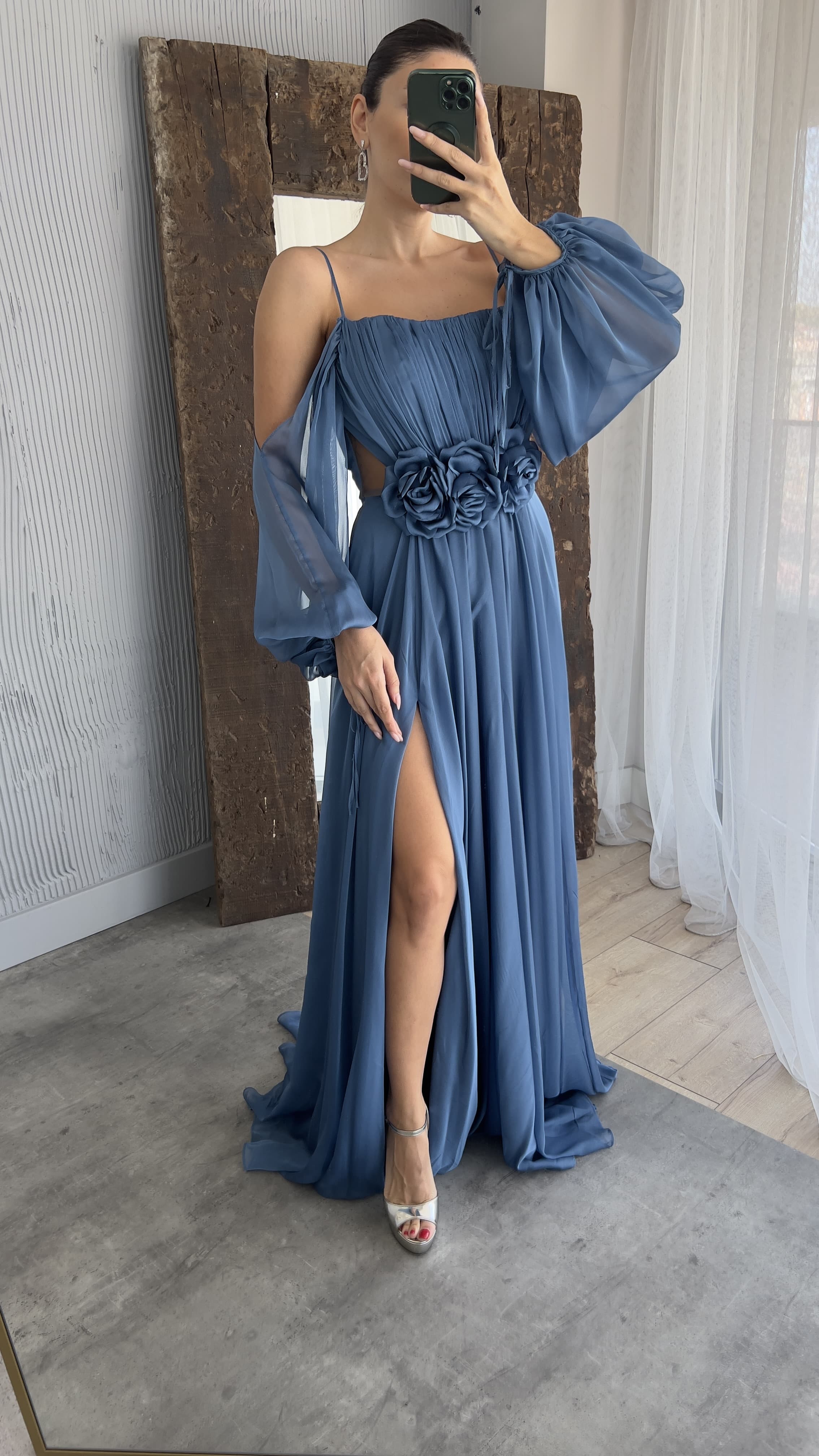 ROPE STRAP BALLOON WAIST DETAIL DESIGN CHIFFON DRESS