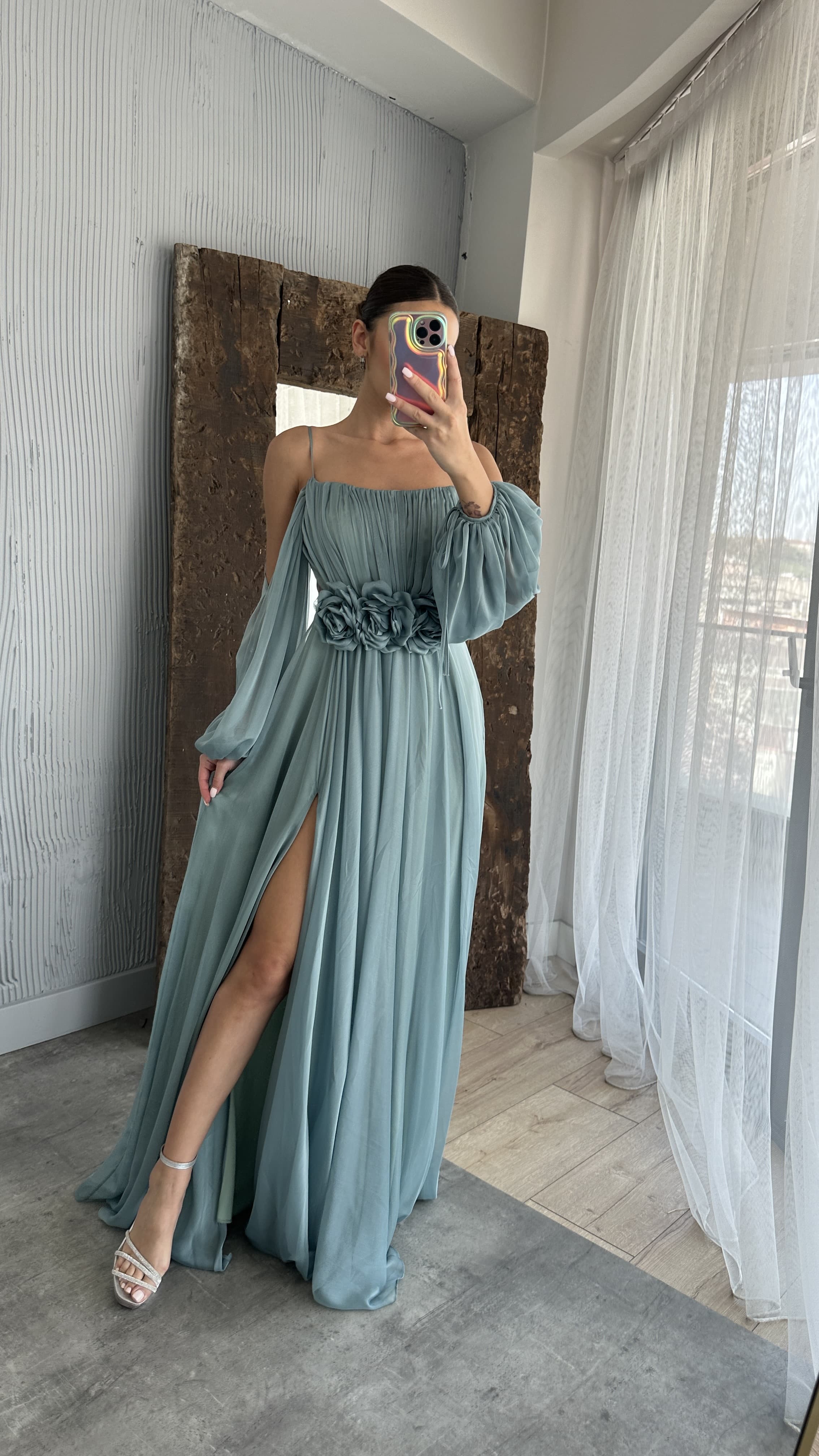 ROPE STRAP BALLOON WAIST DETAIL DESIGN CHIFFON DRESS