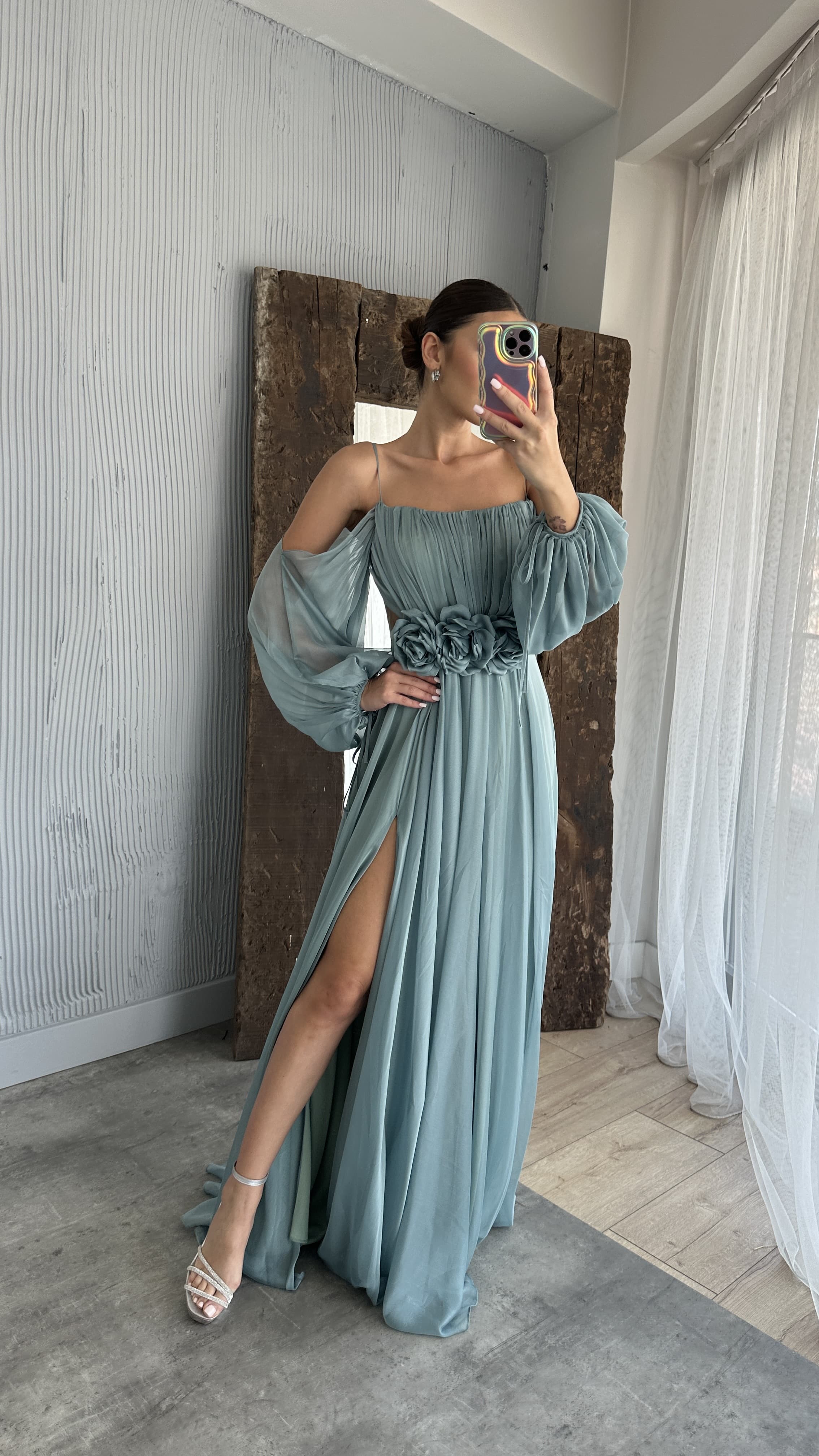 ROPE STRAP BALLOON WAIST DETAIL DESIGN CHIFFON DRESS